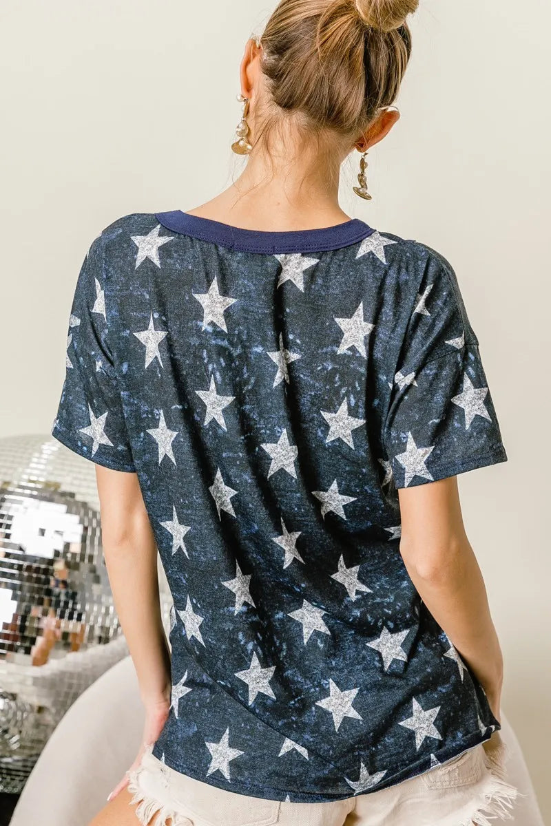 Vintage Star Print Top with Contrast Caged Neck - Stylish Boho Blouse for Women, Perfect for Casual Outings, Music Festivals & Retro Fashion Looks