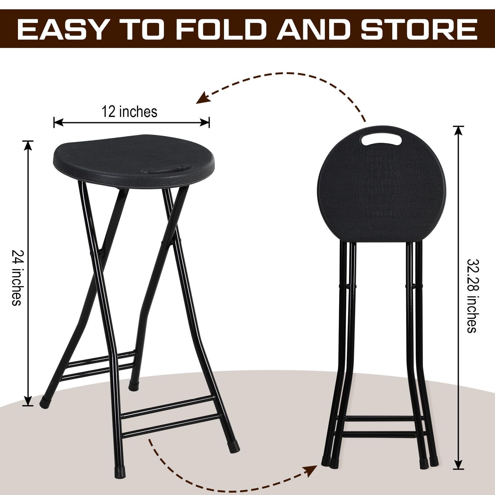 Suzile 2 Pack 24 Inch Folding Stool - Heavy Duty 300lbs Capacity Portable Plastic Bar Stool with Handle for Kitchen, Counter, Camping, Indoor & Outdoor Use (Black)