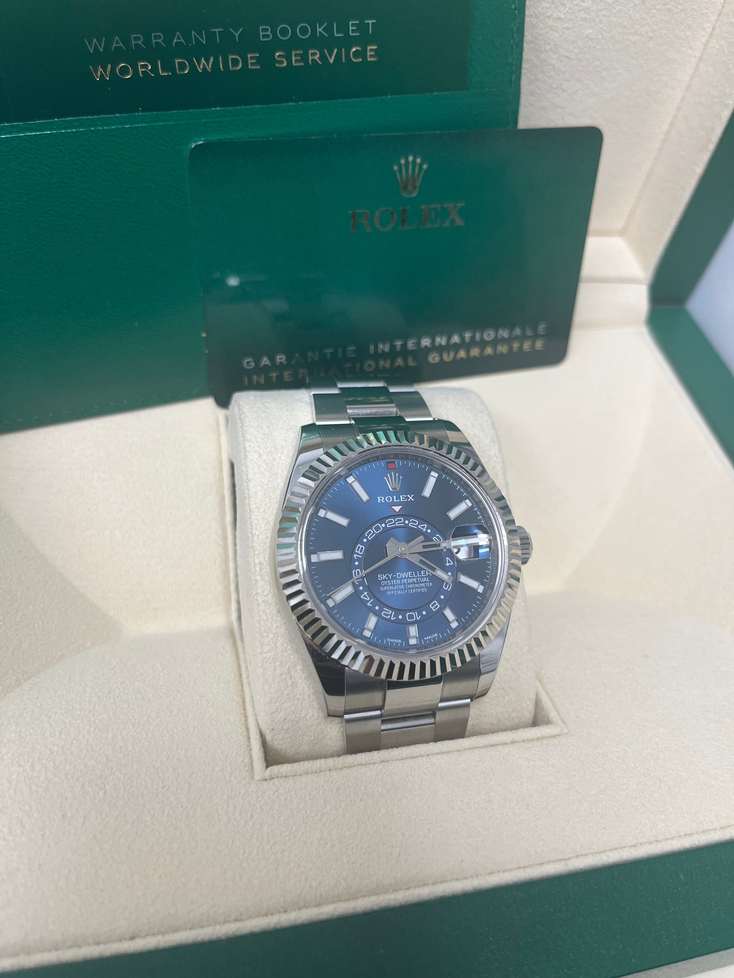 Rolex Sky-Dweller White Rolesor Blue Index Dial Oyster Bracelet Ref 326934 - Luxury Automatic Watch for Travel & Business Professionals
