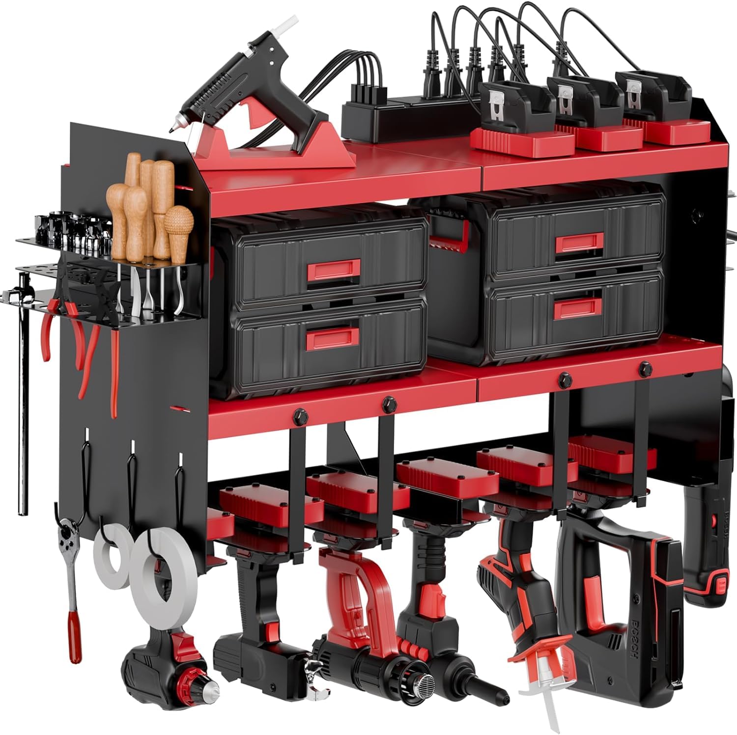 Wall Mount Power Tool Organizer with Angle Grinder Holder - 6 Outlet Power Strip & 2 USB Ports Charging Station | Perfect Workshop Storage Solution for DIY Enthusiasts & Fathers Day Gifts
