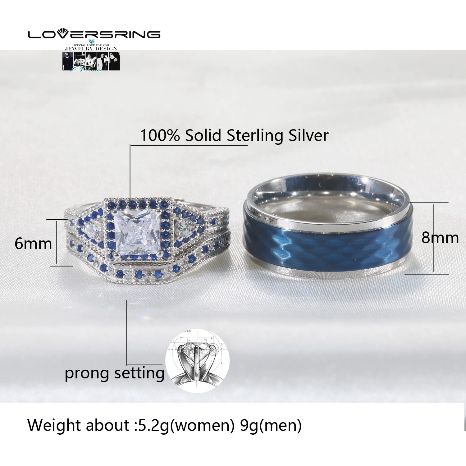 Adjustable Wedding Ring Sets for Couples - His & Hers Matching Promise Rings in 925 Sterling Silver & Titanium with CZ Stones | Perfect for Engagements, Anniversaries, and Bridal Jewelry Gifts