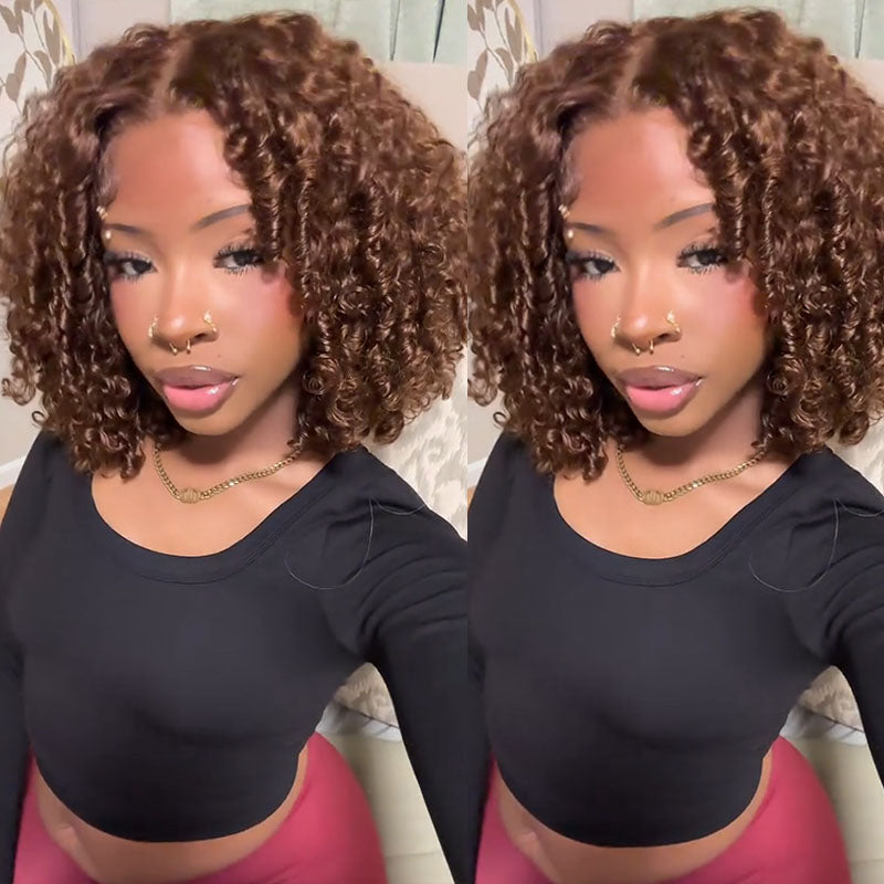 Eullair Short Brown Kinky Curly Bob Wig - 100% Human Hair Lace Front Wig for Women & Girls | Natural Look for Daily Wear, Cosplay & Special Occasions