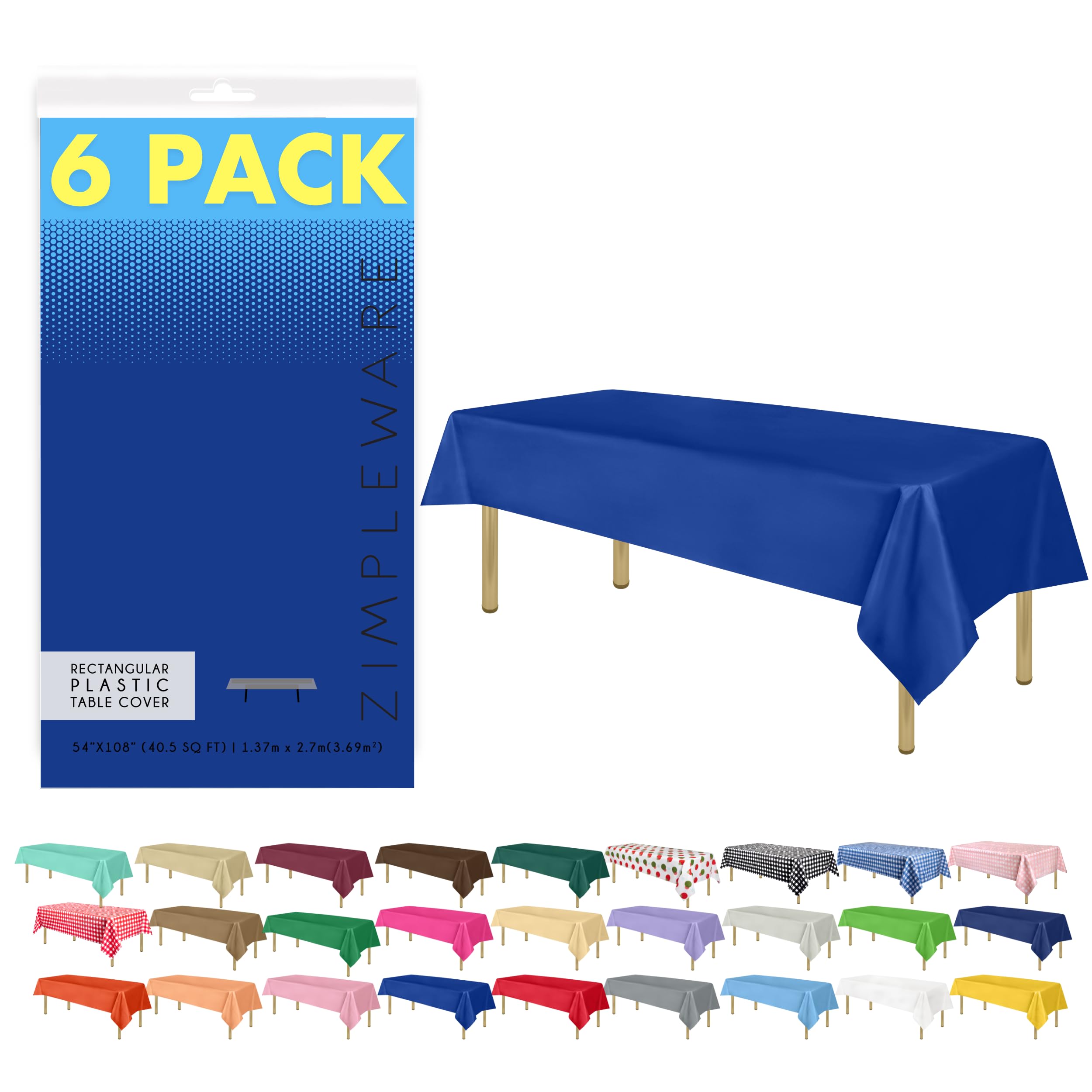 Premium Blue Disposable Plastic Tablecloth (6 Pack) - 54x108 Inch Rectangle Table Cover for 6-8ft Tables - Waterproof & Wrinkle-Free for Parties, BBQs, Picnics & Outdoor Events