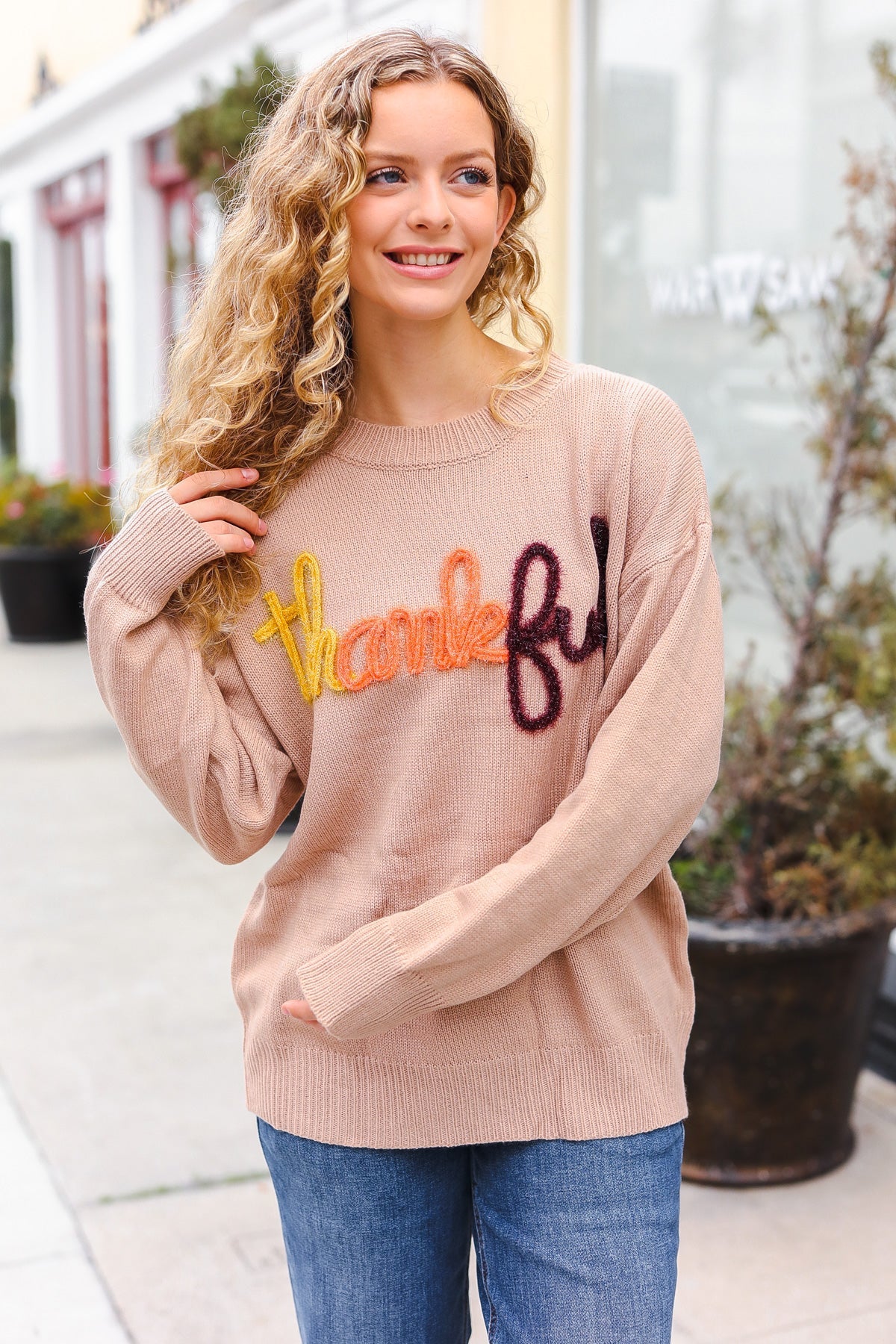 Stylish Taupe Pop-Up Glitter Embroidery Sweater for Women | Cozy Knit Pullover with Sparkle Details | Perfect for Holiday Parties & Casual Winter Outfits