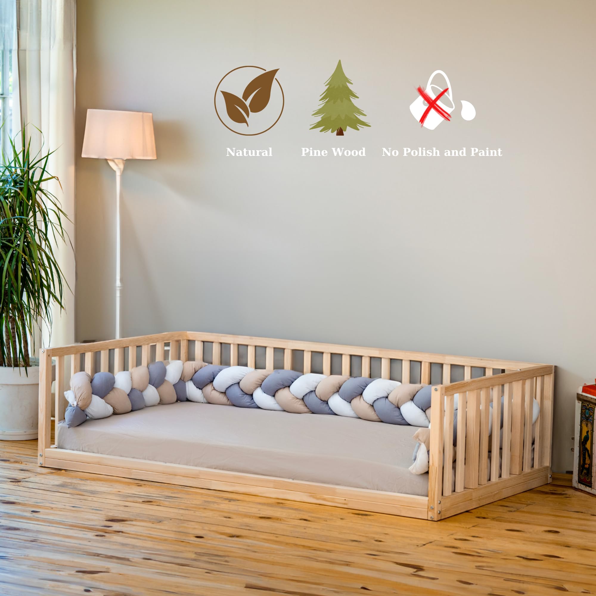 Montessori Front Open Floor Bed for Toddlers & Kids | Natural Pine Wood Solid Frame with Wooden Slats | Sturdy Low-Height Bed (23.6