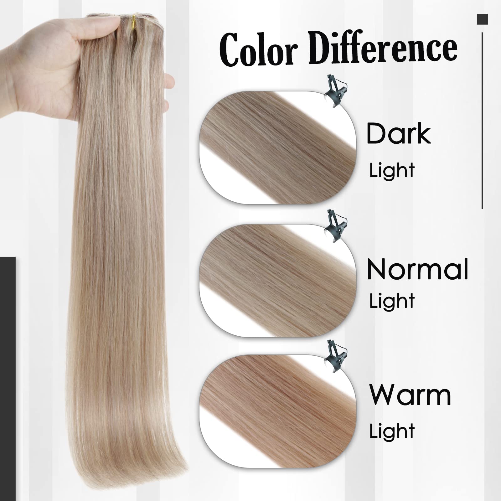 20 Inch Clip in Hair Extensions Real Human Hair - Blonde Highlight Hair Extensions Bundle (3Pcs & 7Pcs) 180Grams for Thick Hair - Natural Look for Daily Wear, Parties & Special Occasions