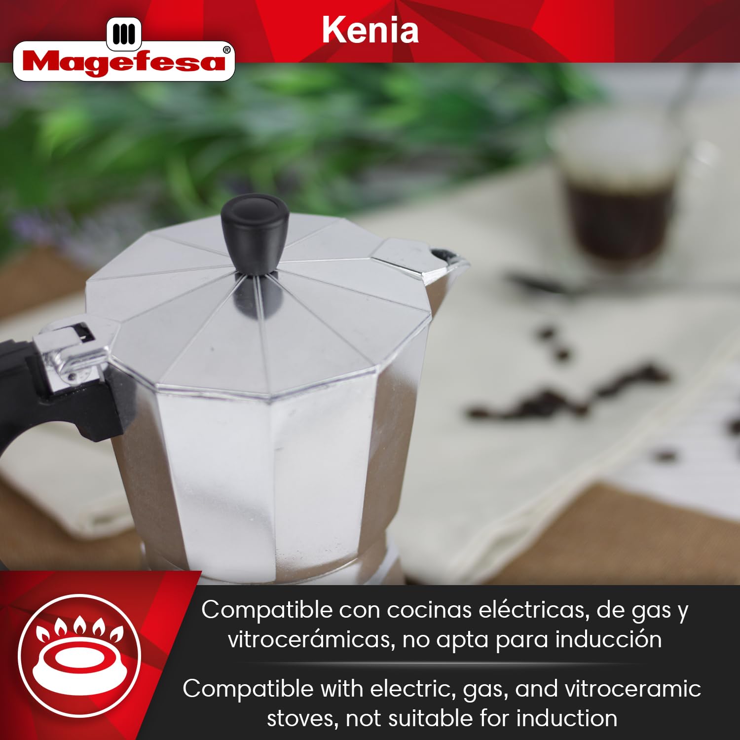 MAGEFESA Kenia Stovetop Espresso Moka Pot - 3 Cup (5 oz) Italian Aluminum Coffee Maker for Cuban Coffee, Extra Thick & Heat Resistant with Ergonomic Handle - Perfect for Home, Office & Camping Brewing