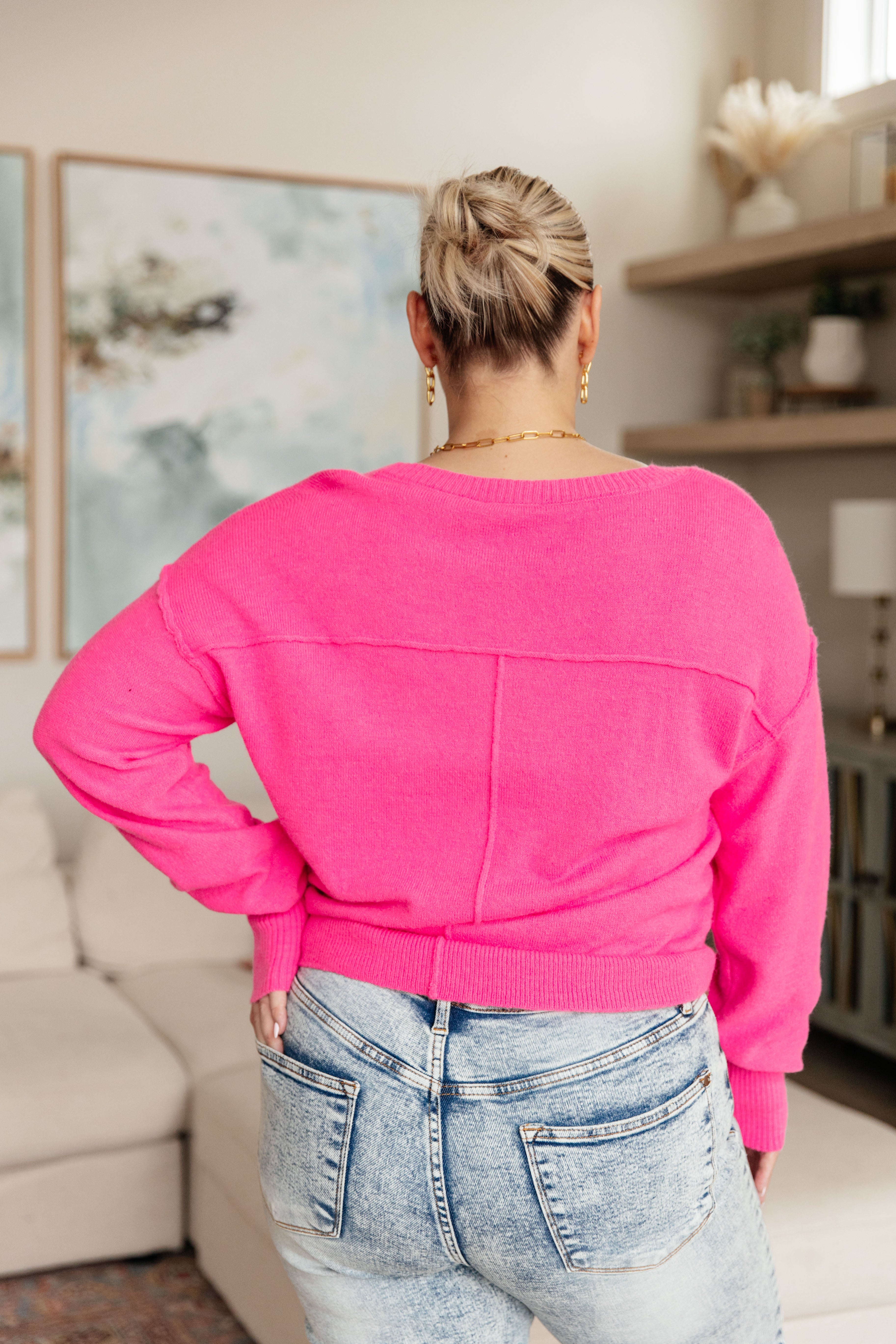 Back to Life V Neck Sweater Women's Pink Knit Pullover - Perfect for Office Wear, Date Nights & Casual Outfits