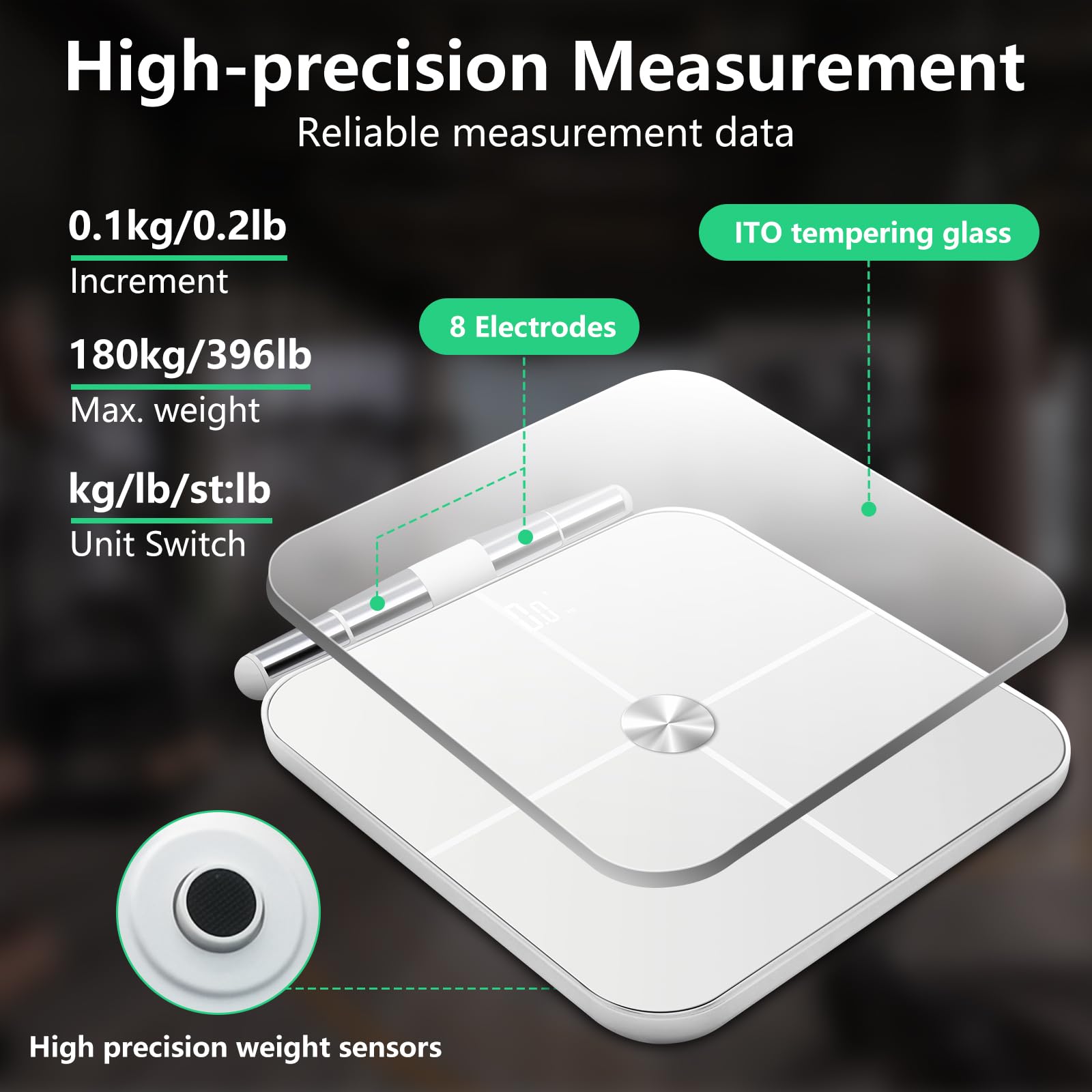 Smart Digital Bathroom Scale with 8 Electrodes - Measures Weight, BMI, Body Fat, Muscle Mass & 19 Body Composition Metrics - Large LCD Display for Easy Reading (Up to 396lbs) - Perfect for Home Gym, Fitness Tracking & Health Monitoring