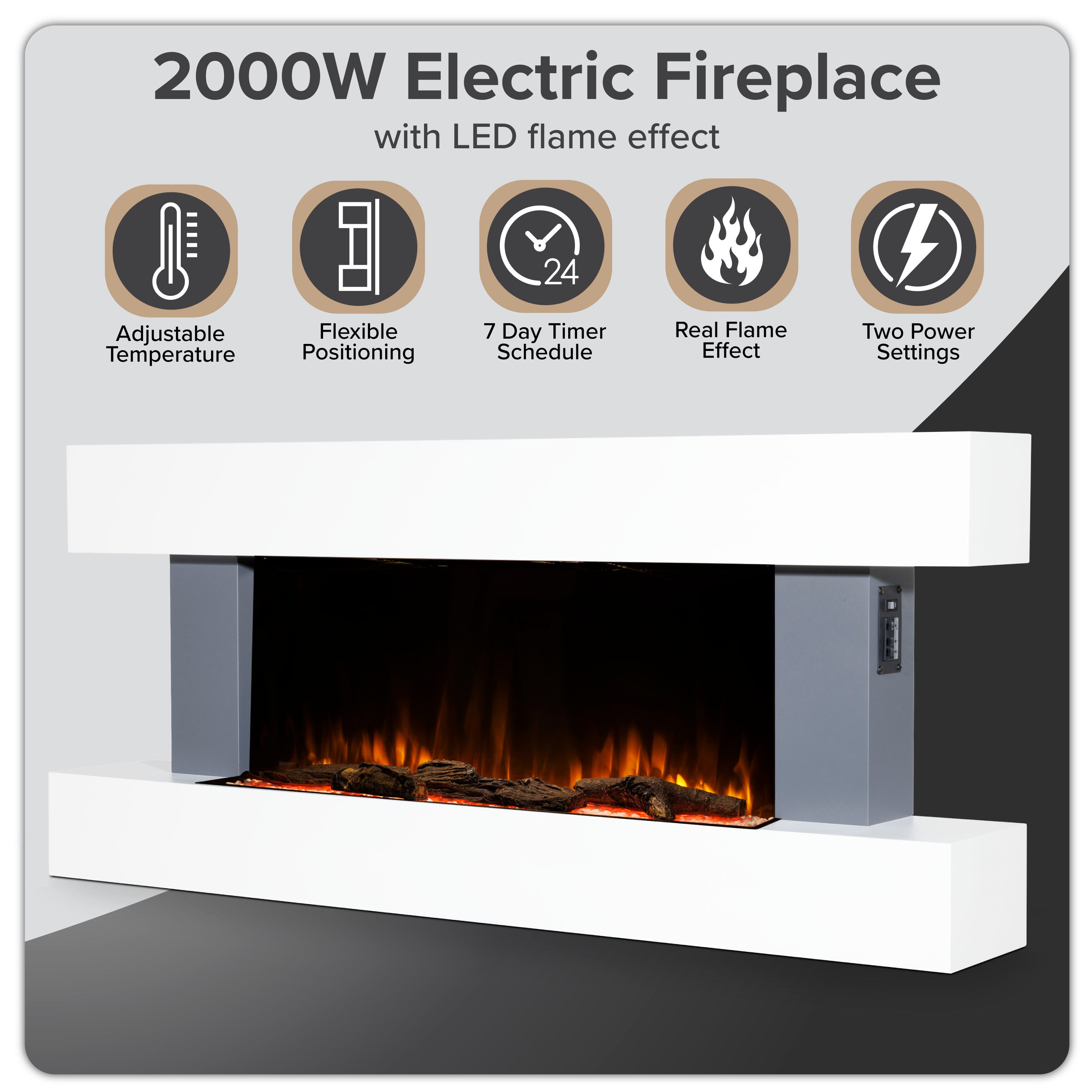 Baridi 52 Inch Electric Fireplace Wall Mounted with Realistic LED Flame Effects - Grey DH112 - Perfect for Living Room, Bedroom & Office Heating & Ambiance