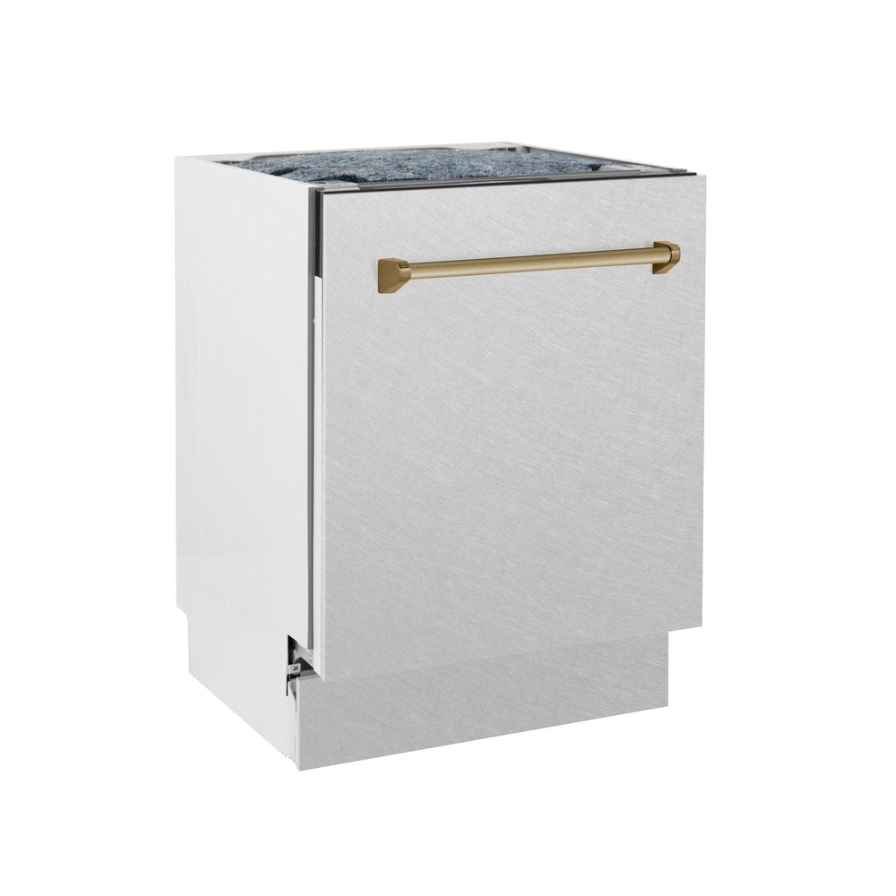 ZLINE Autograph Edition 24-inch Built-In Tall Tub Dishwasher with 3rd Rack - Satin Stainless Steel Panel & Champagne Bronze Handle - 51dBa Quiet Operation (DWVZ SN 24 CB) - Perfect for Modern Kitchens and Open-Concept Homes