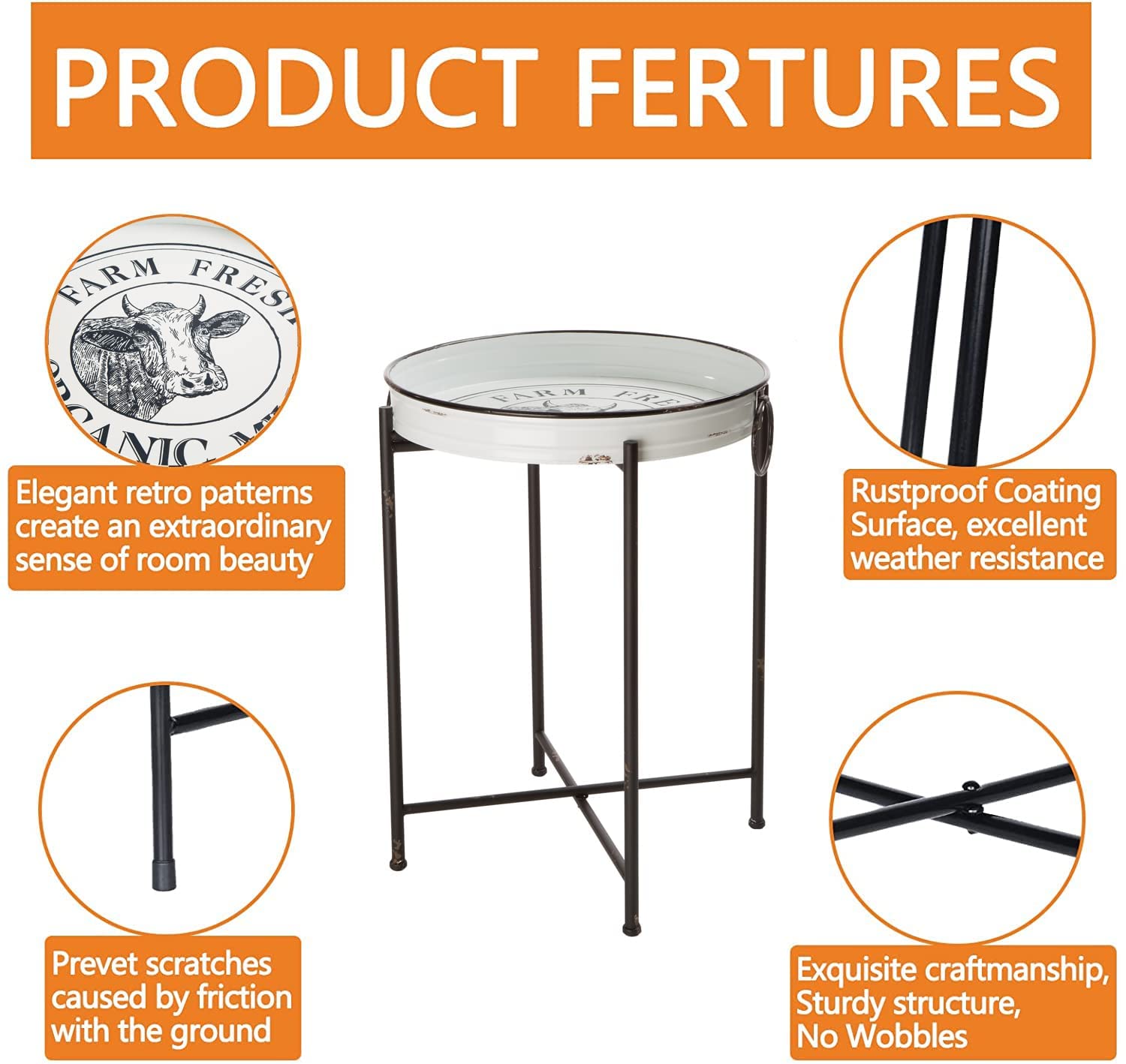 Glitzhome Farmhouse Metal End Table with Removable Tray - Folding Side Table, Waterproof Imitation Enamel Coffee Table for Living Room, Bedroom, Balcony & Office - Perfect for Small Spaces, Home Decor & Coffee Serving