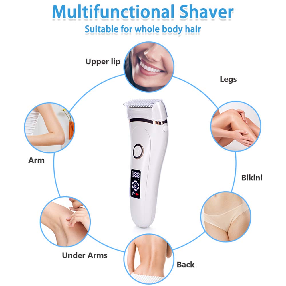 Electric Lady Shaver Bikini Trimmer for Women - Rechargeable Wet & Dry Cordless Painless Hair Removal Razor with LED Display - Perfect for Legs, Underarms & Bikini Line - White