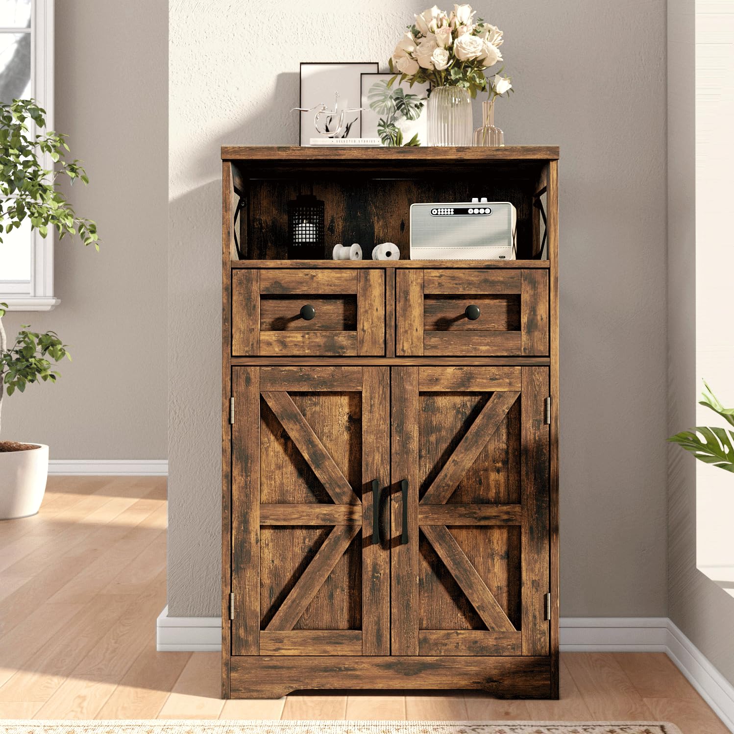 Rustic Farmhouse Storage Cabinet with Drawers & Shelves - Kitchen & Living Room Organizer