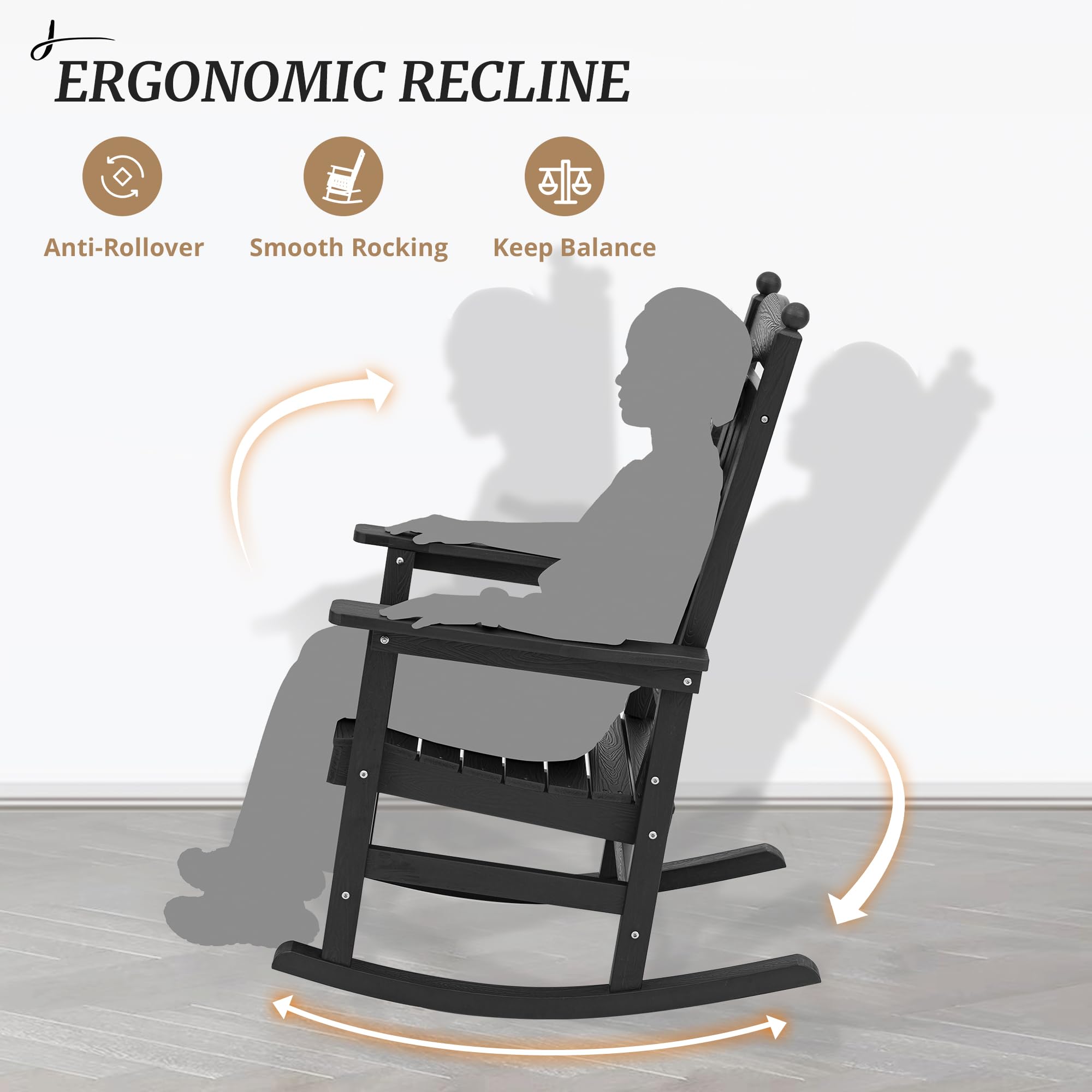 2-Pack All-Weather Outdoor Rocking Chairs - Heavy Duty 350Lbs Capacity HDPS Composite High-Back Porch Rockers for Patio, Garden, Backyard & Indoor Use - Perfect for Relaxing, Reading & Sunbathing (Black)