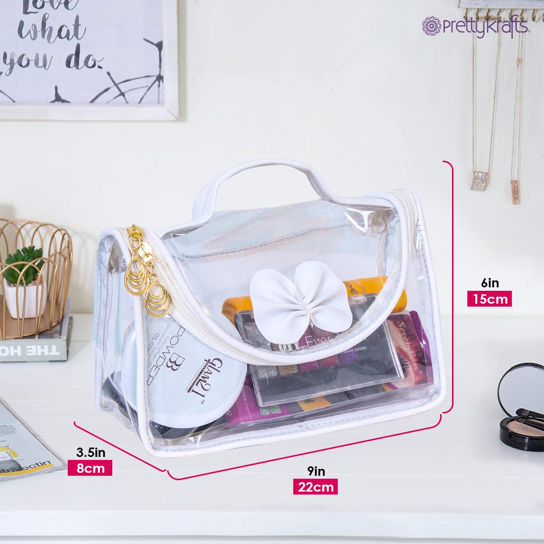 PrettyKrafts Clear Waterproof Toiletry Bag - Travel Cosmetic Organizer Case for Women & Men - Portable Makeup Storage Pouch (White Transparent) - Perfect for Air Travel, Gym, Camping & Daily Essentials Organization