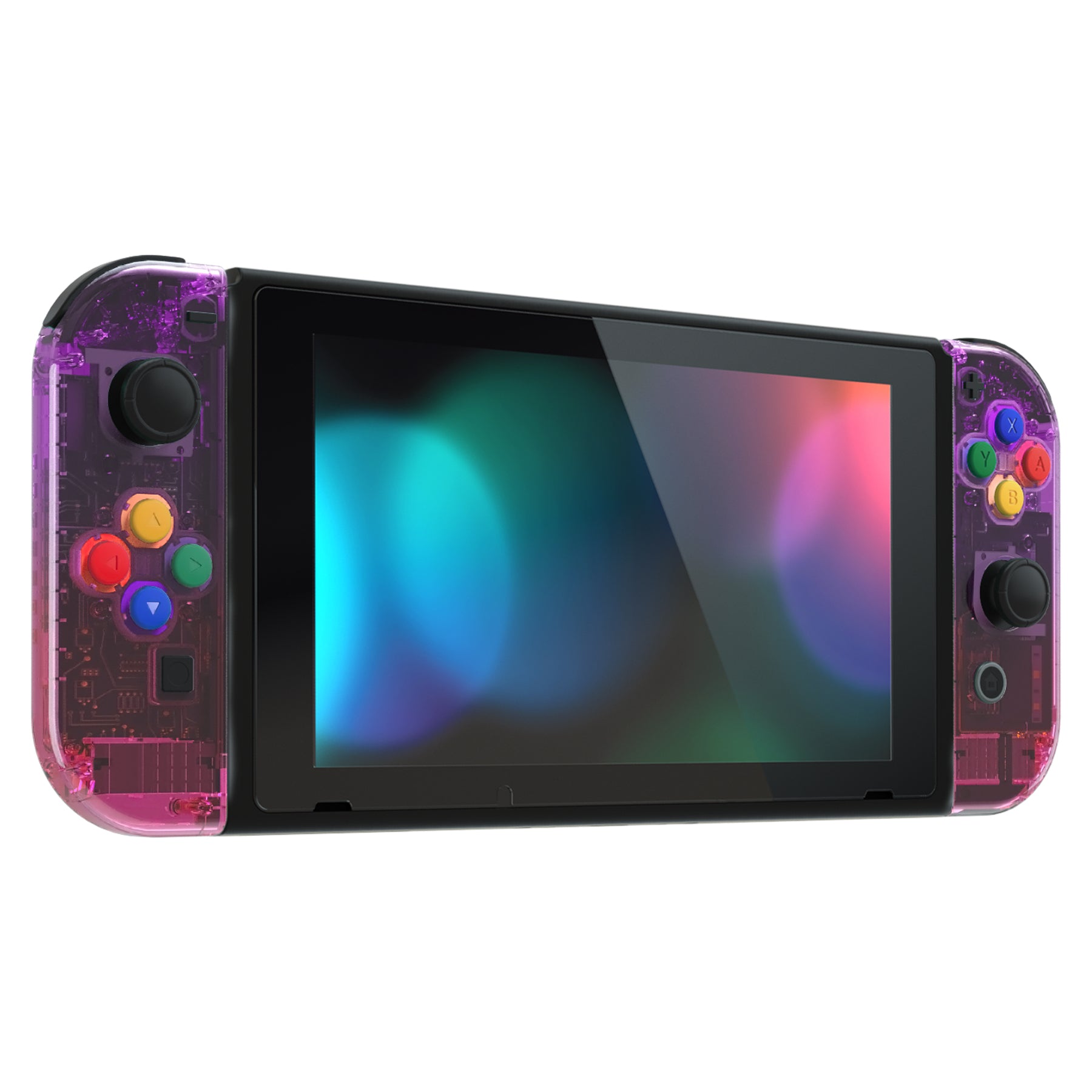 eXtremeRate Clear Atomic Purple & Rose Red Back Plate Replacement Shell for Nintendo Switch Console & Joy-Con Controllers - Full Set Buttons Included - DIY Customization for Gaming Enthusiasts | Perfect for Console Modding, Controller Upgrades & Personalized Gaming Setup