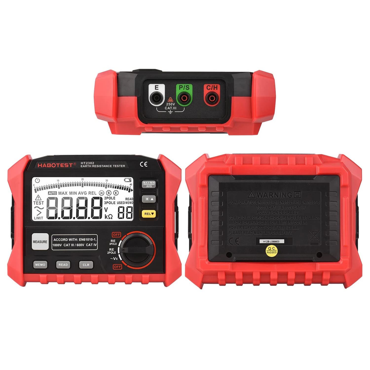 HT2302 Digital Earth Resistance Tester - 0Ω to 4KΩ Range, 100 Data Groups Storage, LCD Backlight Display with Carrying Case - Ideal for Electrical Maintenance, Grounding System Testing & Industrial Safety Inspections
