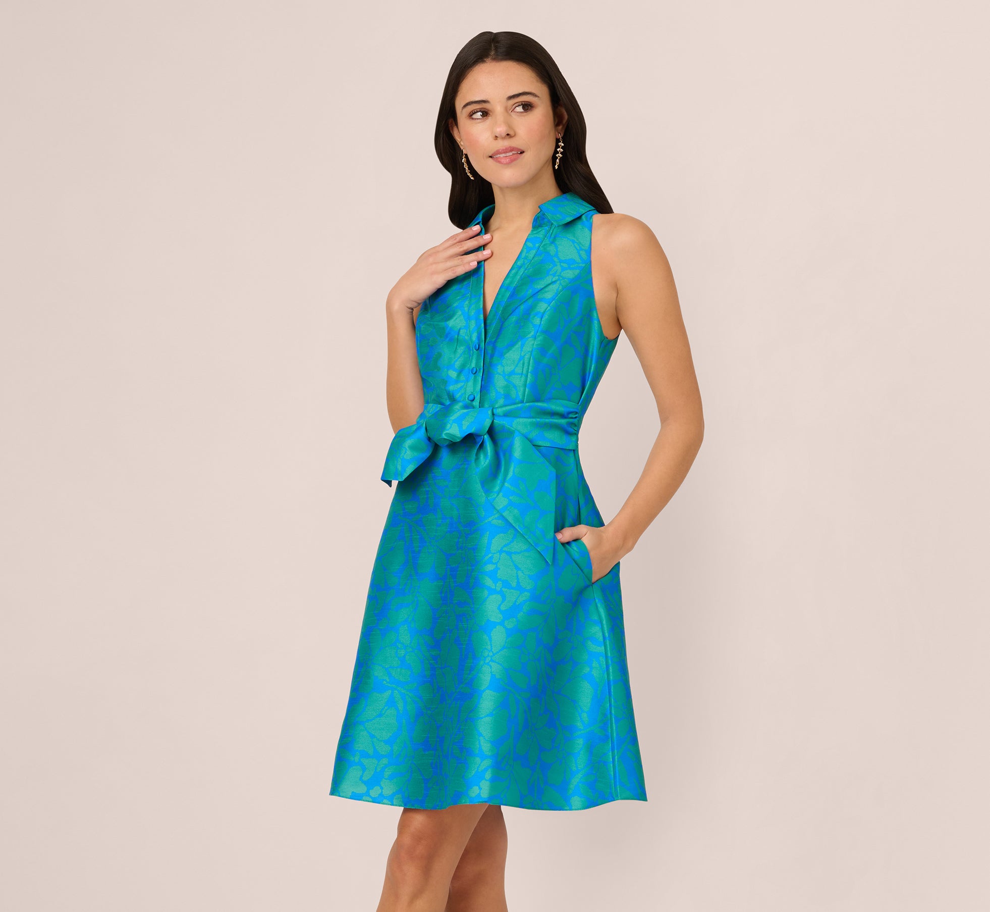 Women's Sleeveless Floral Print Tie-Front Short Dress in Blue & Green - Perfect for Summer Beach Vacations & Casual Outings