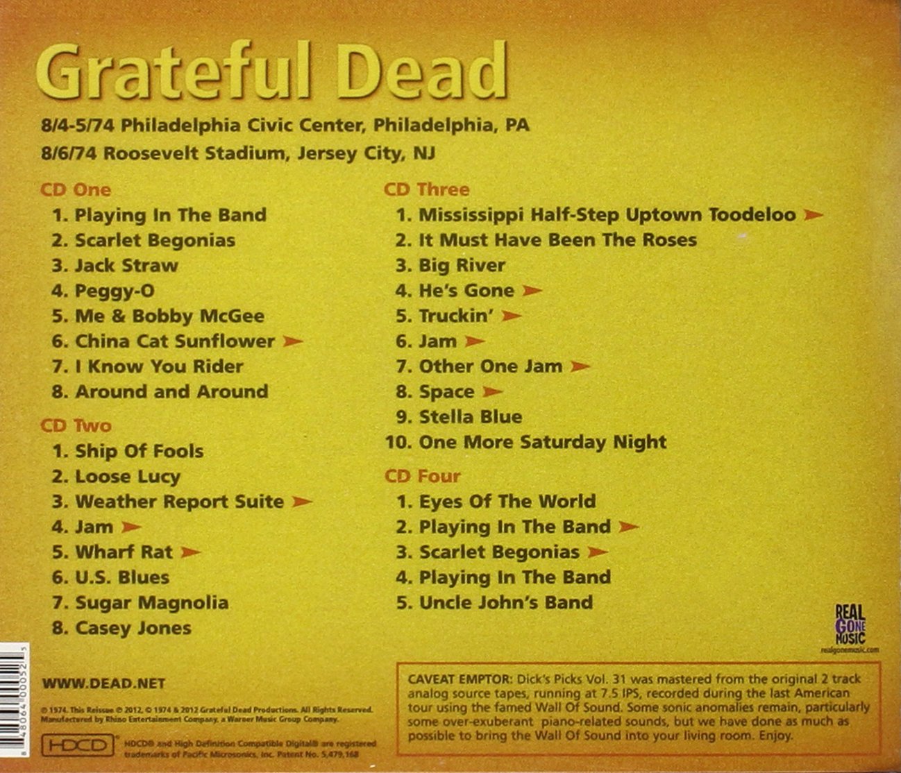 Grateful Dead Dick's Picks Vol. 31: Live Concert 8/4-5/74 Philadelphia Civic Center & 8/6/74 Roosevelt Stadium - 4 CD Box Set | Classic Rock Collection, Music Gift for Deadheads, Perfect for Road Trips & Jam Sessions