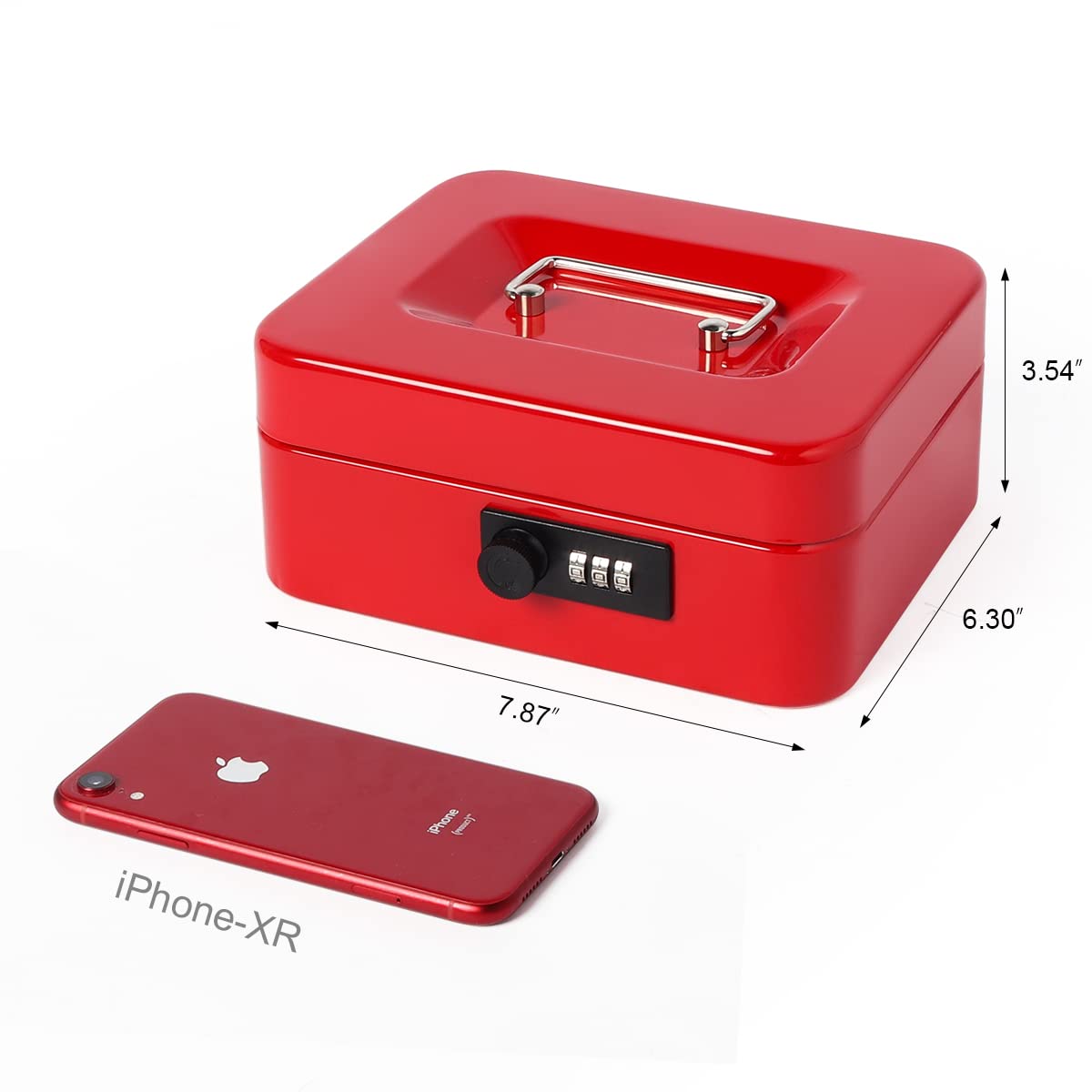 Lovndi Small Metal Cash Box with Combination Lock - 7.87 x 6.3 x 3.54 Inch Money Storage Box with Removable Tray, Secure Cash Holder for Home, Office, or Retail Use (Red)