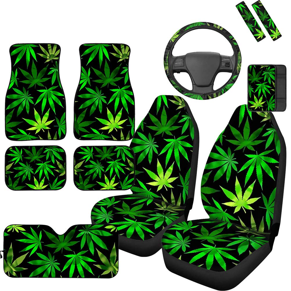 FKELYI 11-Piece Car Interior Accessories Set - Weed Pot Leaf Marijuana Print Seat Covers, Sunshade, Floor Mats, Steering Wheel Cover & More | Complete Auto Upgrade for Cars, Trucks & SUVs | Perfect for Road Trips, Daily Commute & Custom Styling