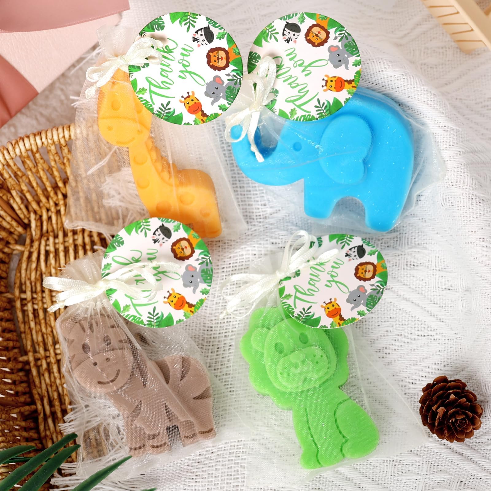 4 Pack Woodland Baby Shower Soap Favors Set - Jungle Animal Shaped Natural Mini Soaps with Gift Bags & Thank You Cards | Perfect for Baby Showers, Birthday Party Favors, Kids Gifts & Decorations