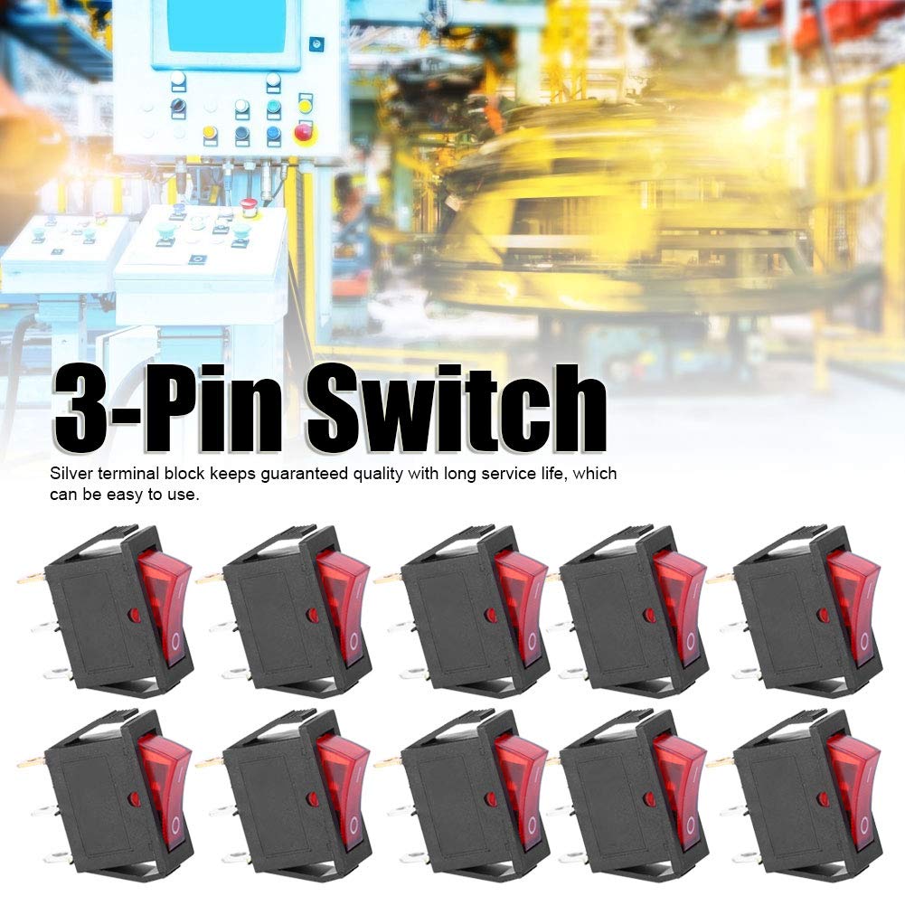 FTVOGUE 10-Pack 3-Pin Rocker Switch ON/OFF with Red LED - 2-Position Toggle Switch for Car, Boat, RV & Household Appliances | KCD3 Series Electronic Components | Perfect for Automotive Dashboards, Marine Control Panels & DIY Electronics Projects