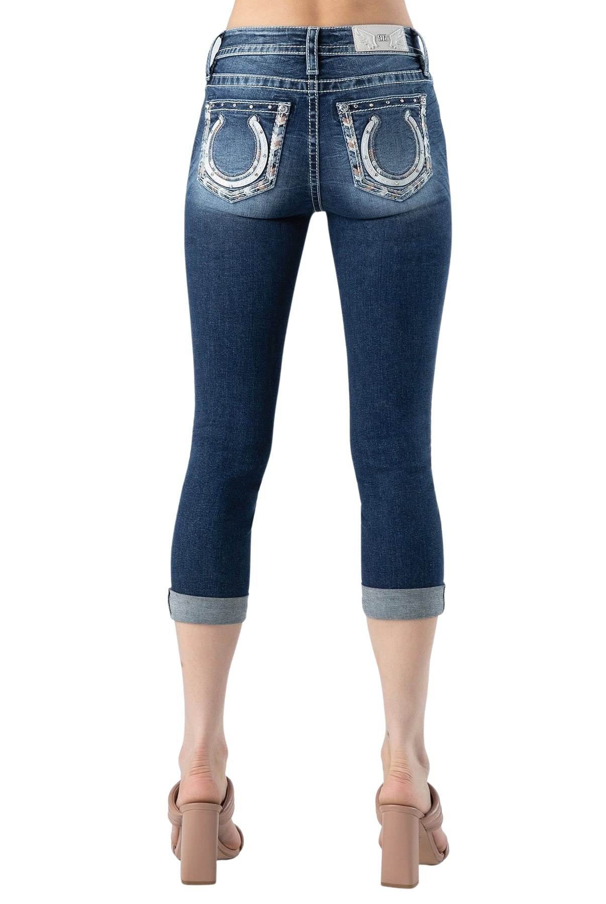 Miss Me Women's Studded Horseshoe Embellished Pocket Mid-Rise Capri Jeans - Stylish Stretch Denim Pants for Casual Wear & Night Out