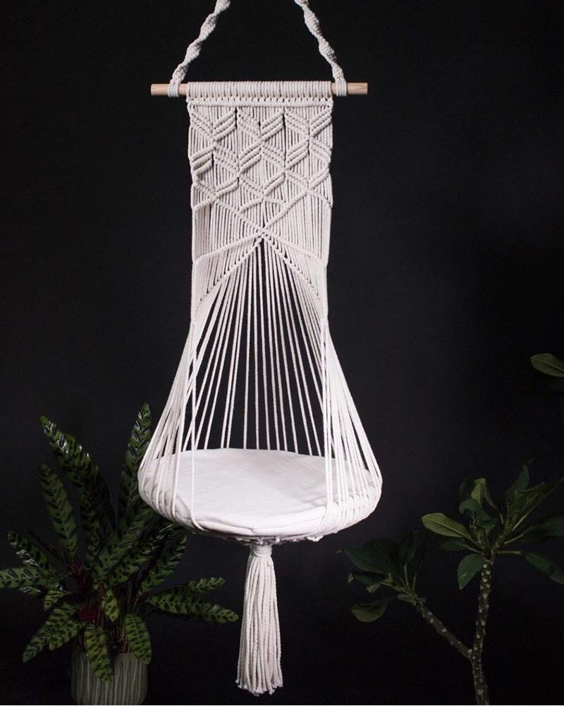 Petlex Macrame Hanging Shelf Cat Hammock Bed - Indoor Cat Swing with Mat, Swinging Cat Chair 15.7