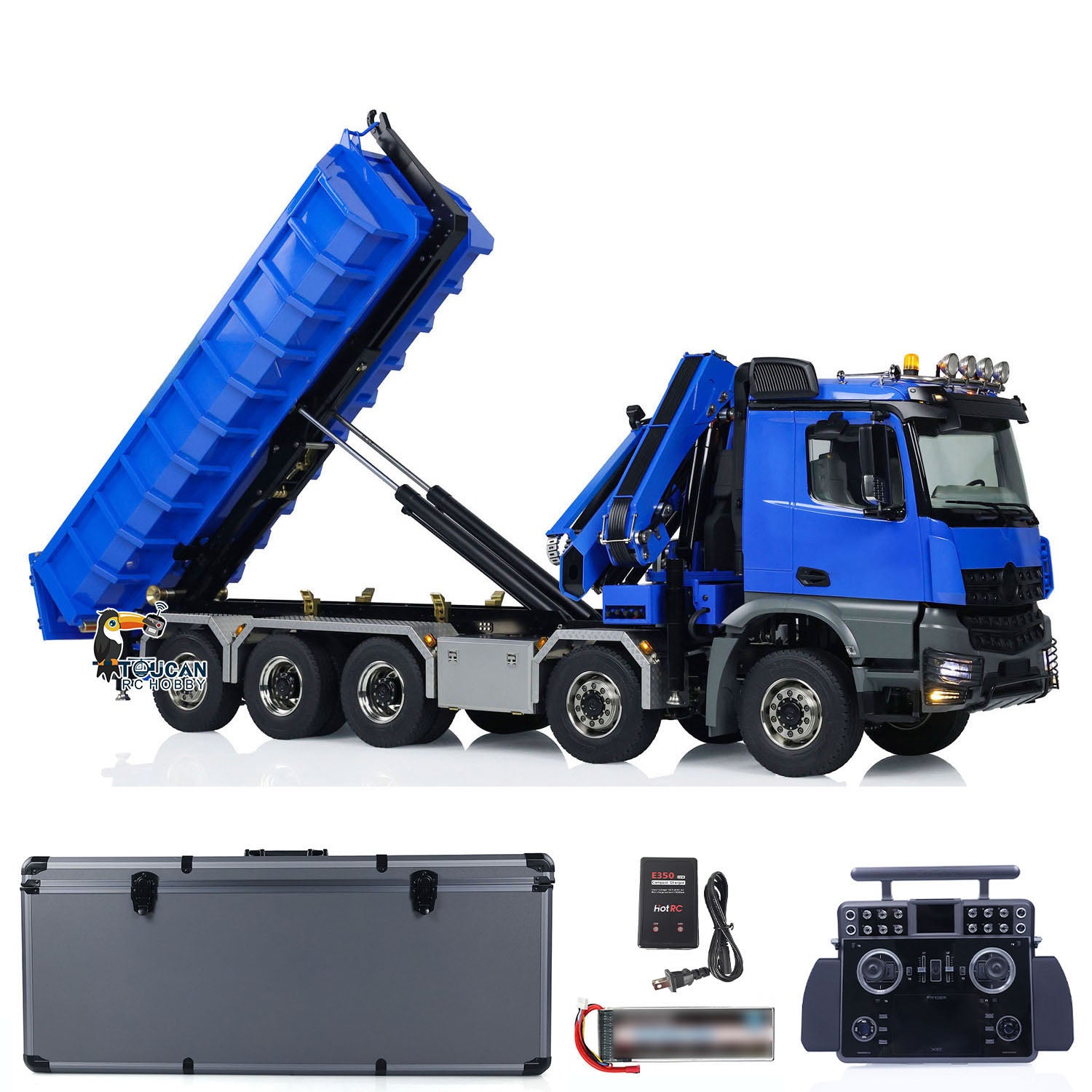 1/14 Scale RC Hydraulic Crane Dump Truck - 10x10 All-Wheel Drive Dump Car Model with 3-Speed Gearbox, U-Shaped Heavy-Duty Bucket & Timber Flatbed - Perfect for Construction Site Play, Collecting, and RC Hobby Enthusiasts