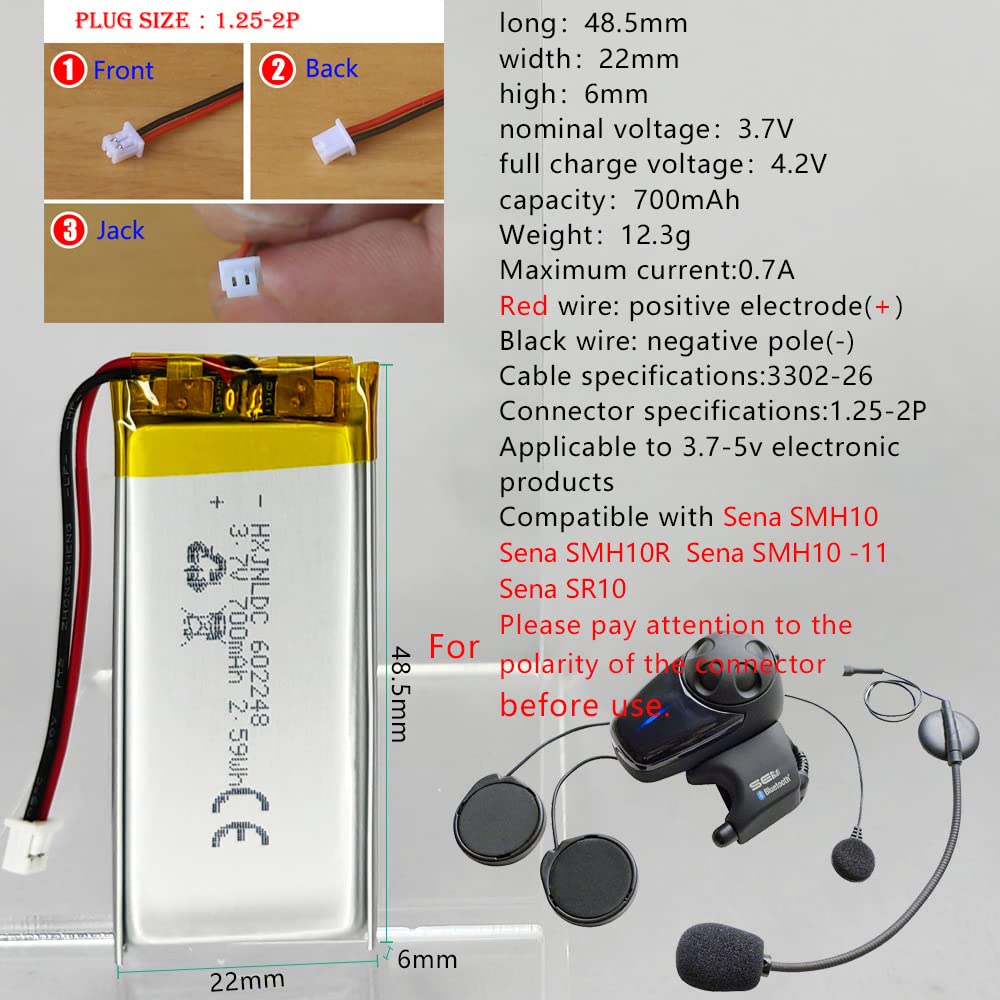3.7V 700mAh Replacement Battery for Sena SMH10 SMH10R SMH10D SMH10-11 SR10 Bluetooth Headset - Compatible with Motorcycle Intercom Systems - Long Lasting Built-in Power Solution for Riders