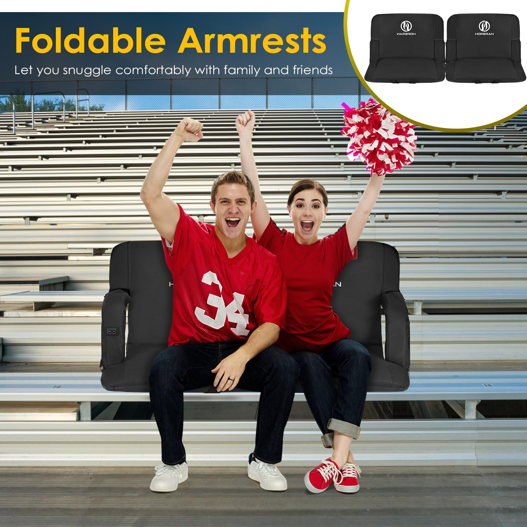 HOPERAN Portable Heated Stadium Seat with Back Support & Cushion - 3-Level Adjustable Heating for Outdoor Sports, Football Games, Camping & Winter Events - Water-Resistant Bleacher Chair for Cold Weather Comfort