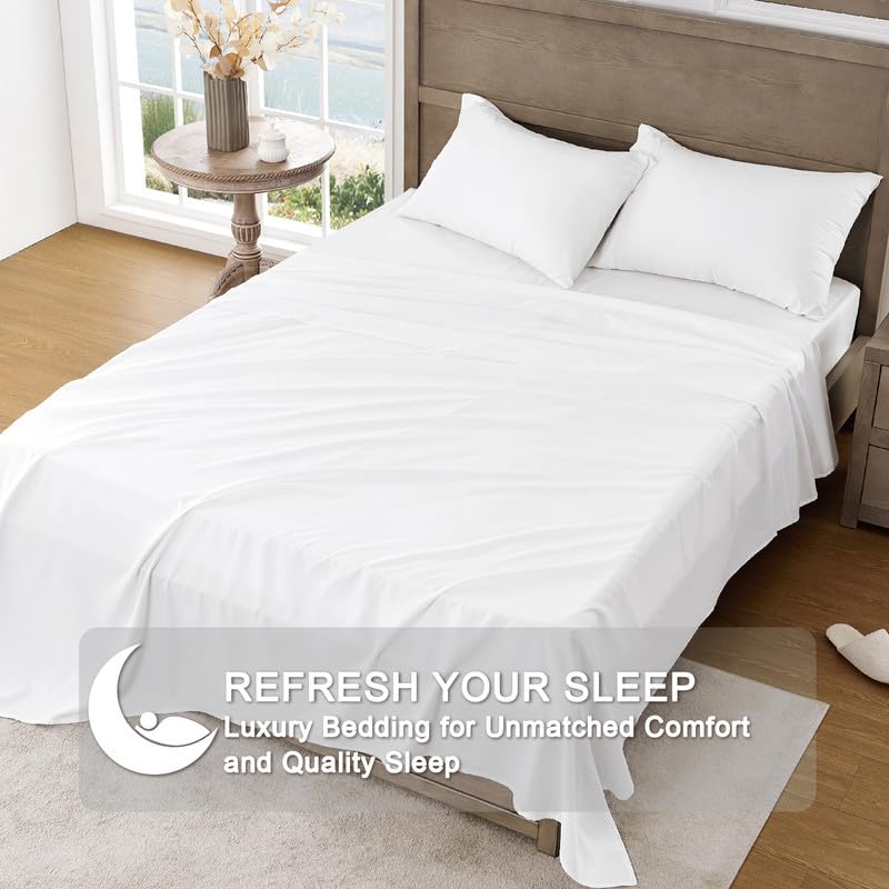 FreshCulture Queen Sheet Set - Ultra Soft Brushed Microfiber Bed Sheets for Queen Size Bed - Deep Pocket Fitted Sheet with Cooling & Breathable Fabric - 4 Piece Luxury Hotel Quality Bedding Set (White) - Perfect for Home, Guest Room, and Vacation Rental Comfort