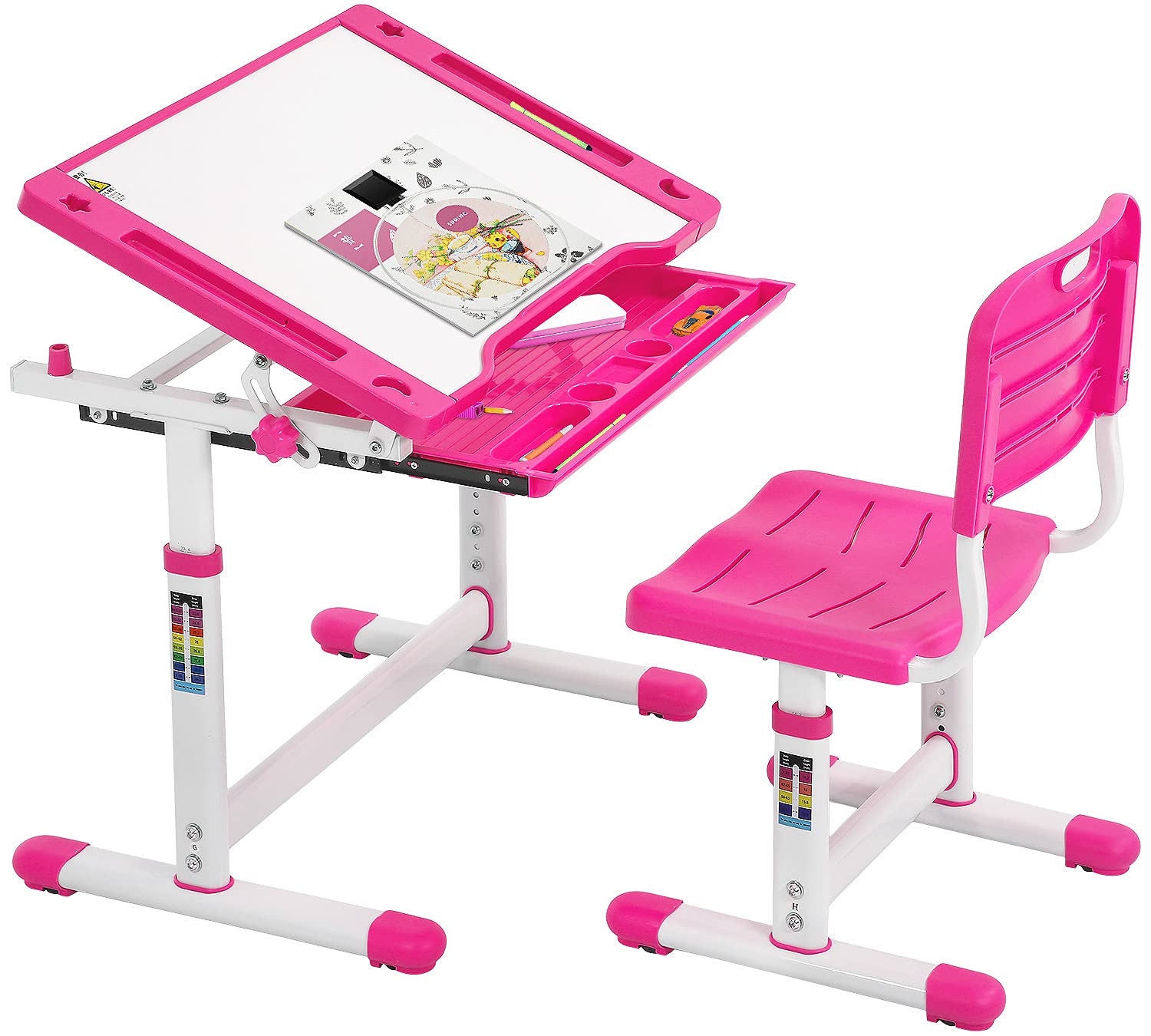 Adjustable Kids Study Desk and Chair Set with Storage Drawers - Pink Writing Drafting Table for Children, Perfect for Homework, Drawing & School Activities