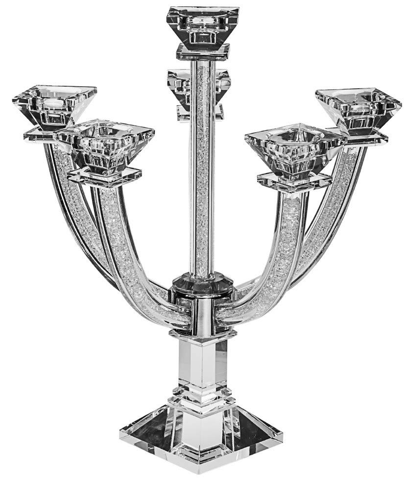 Judaica Place 6-Branch Crystal Candelabra with Crushed Stones - 14 Inch Shabbat Candle Holder with Square Base - Elegant Jewish Home Decor for Holidays & Sabbath Celebrations
