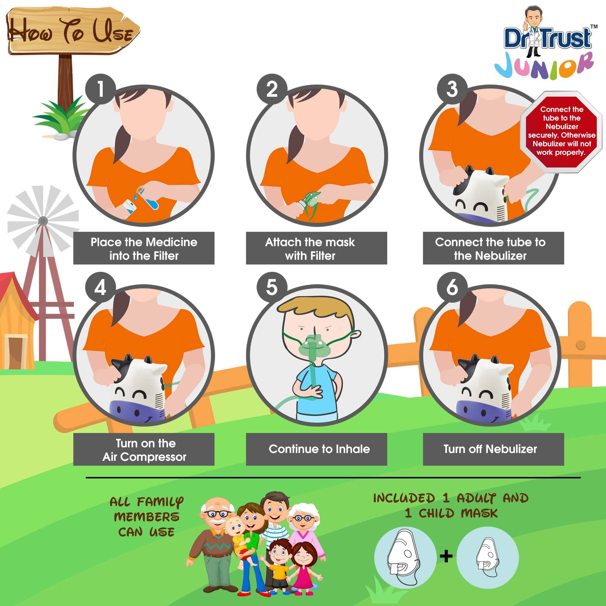 Dr Trust USA Junior Compressor Nebulizer for Kids - Cute Cow Design, Portable & Quiet Breathing Treatment Machine for Asthma, Allergies & Cold Relief - Perfect for Home, Travel & Pediatric Use
