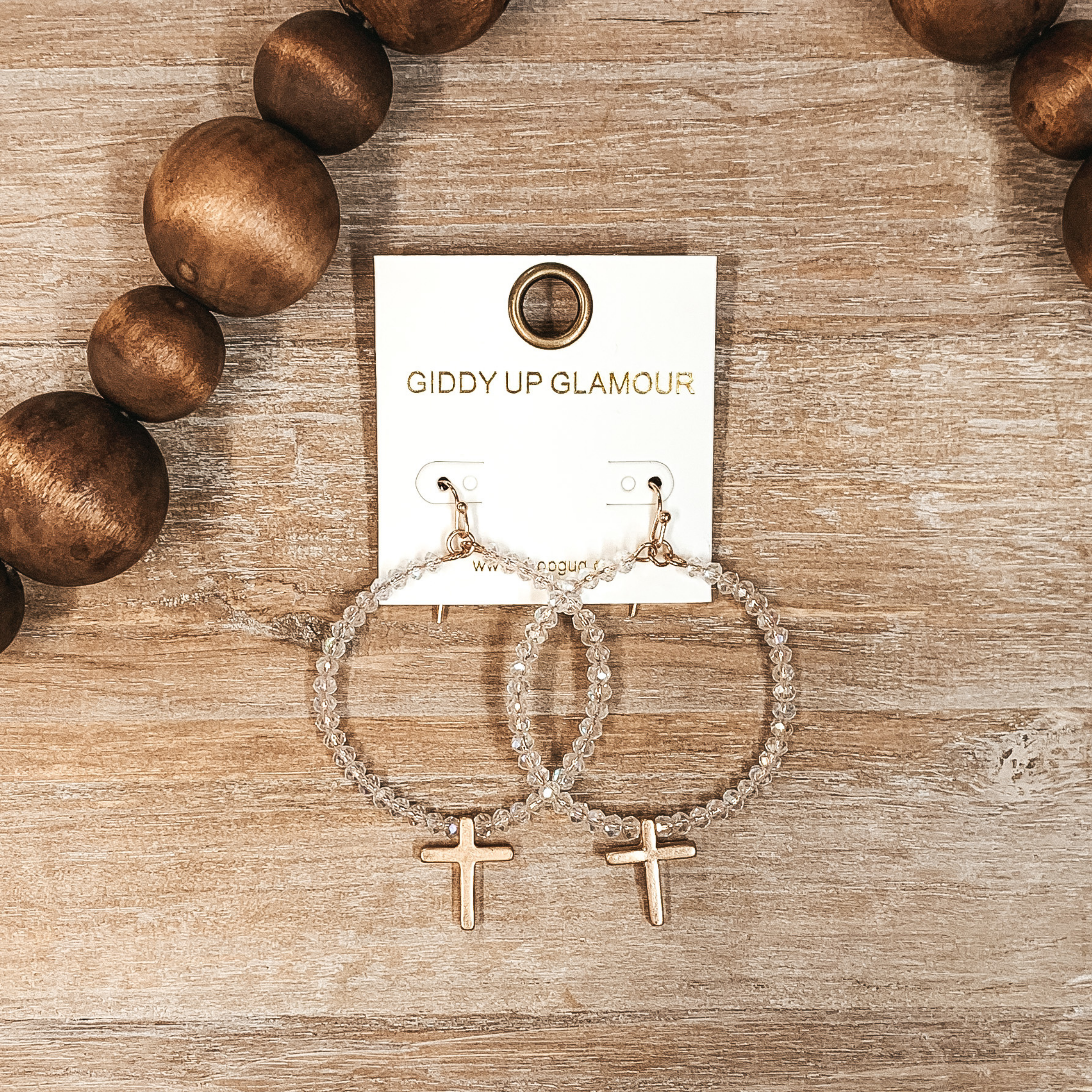 Elegant Beaded Dangle Hoop Earrings with Cross Pendant - Clear Crystal Statement Jewelry for Women, Perfect for Church, Weddings & Special Occasions