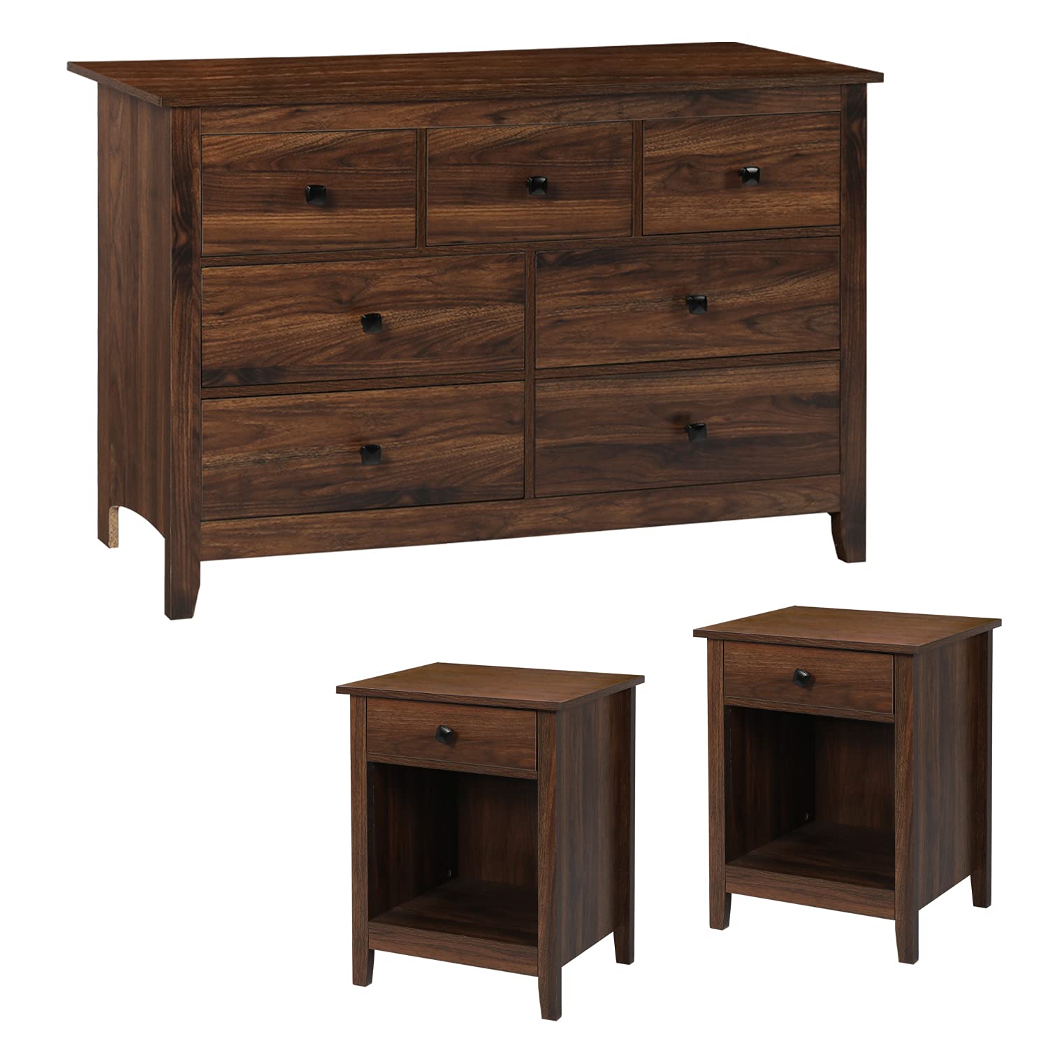 LTMEUTY 3-Piece Wooden Bedroom Set - 7-Drawer Dresser & Night Stands with Storage, Brown Wood Grain Dresser Chest for Bedroom Organization & Home Decor