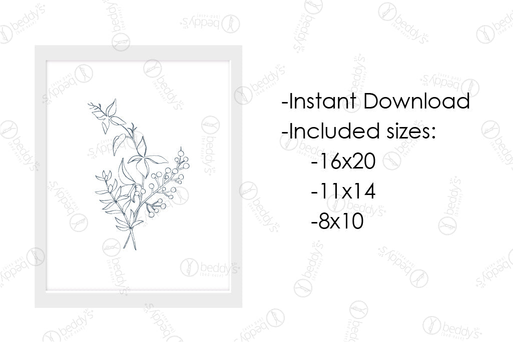 Farmhouse Floral Wall Art Print - Navy Blue Botanical Decor - Digital Download for Home, Office & Nursery Decor