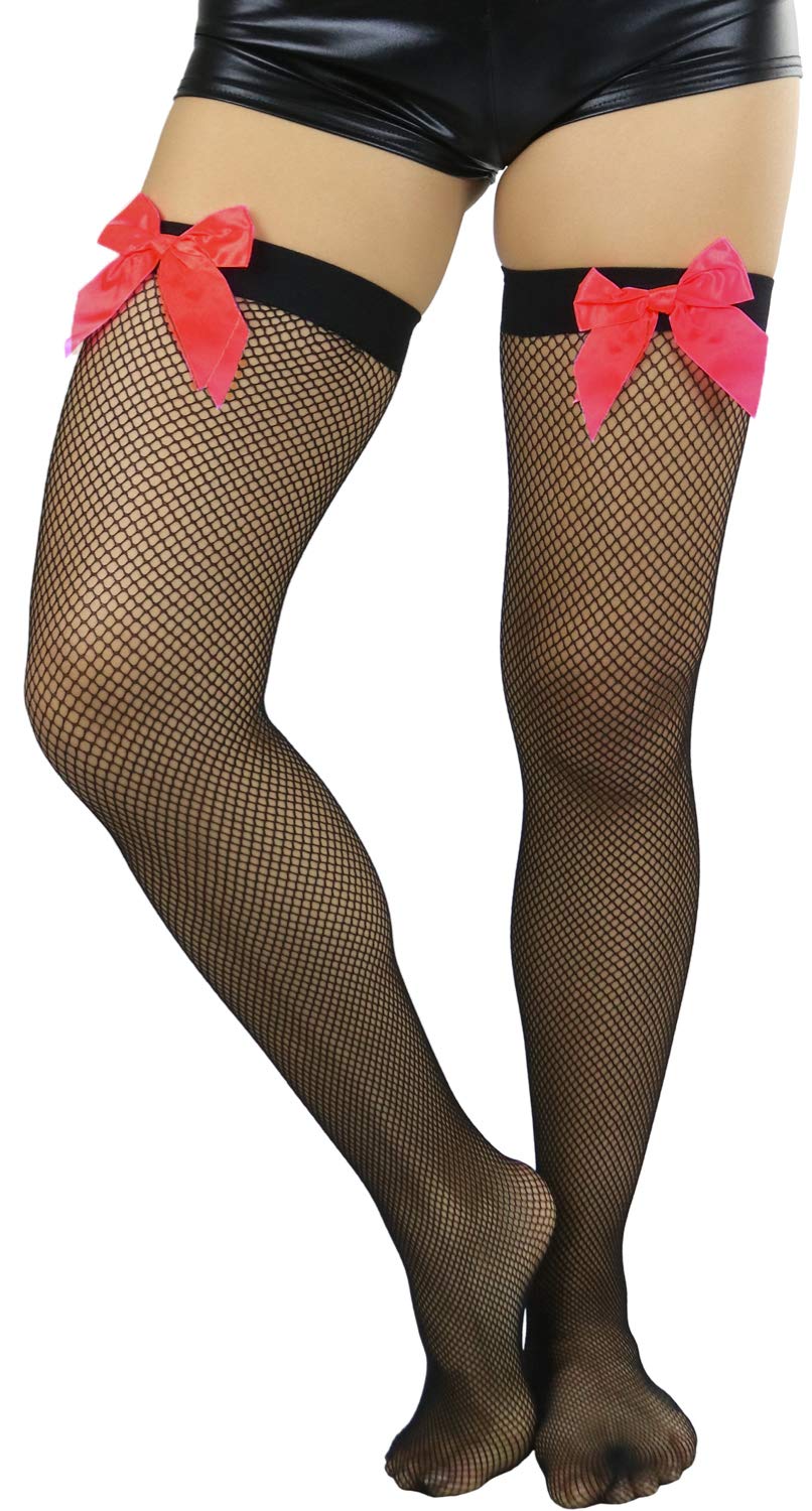 ToBeInStyle Women's Sexy Fishnet Thigh High Stockings with Satin Bow - Perfect for Date Night, Cosplay & Boudoir Photography