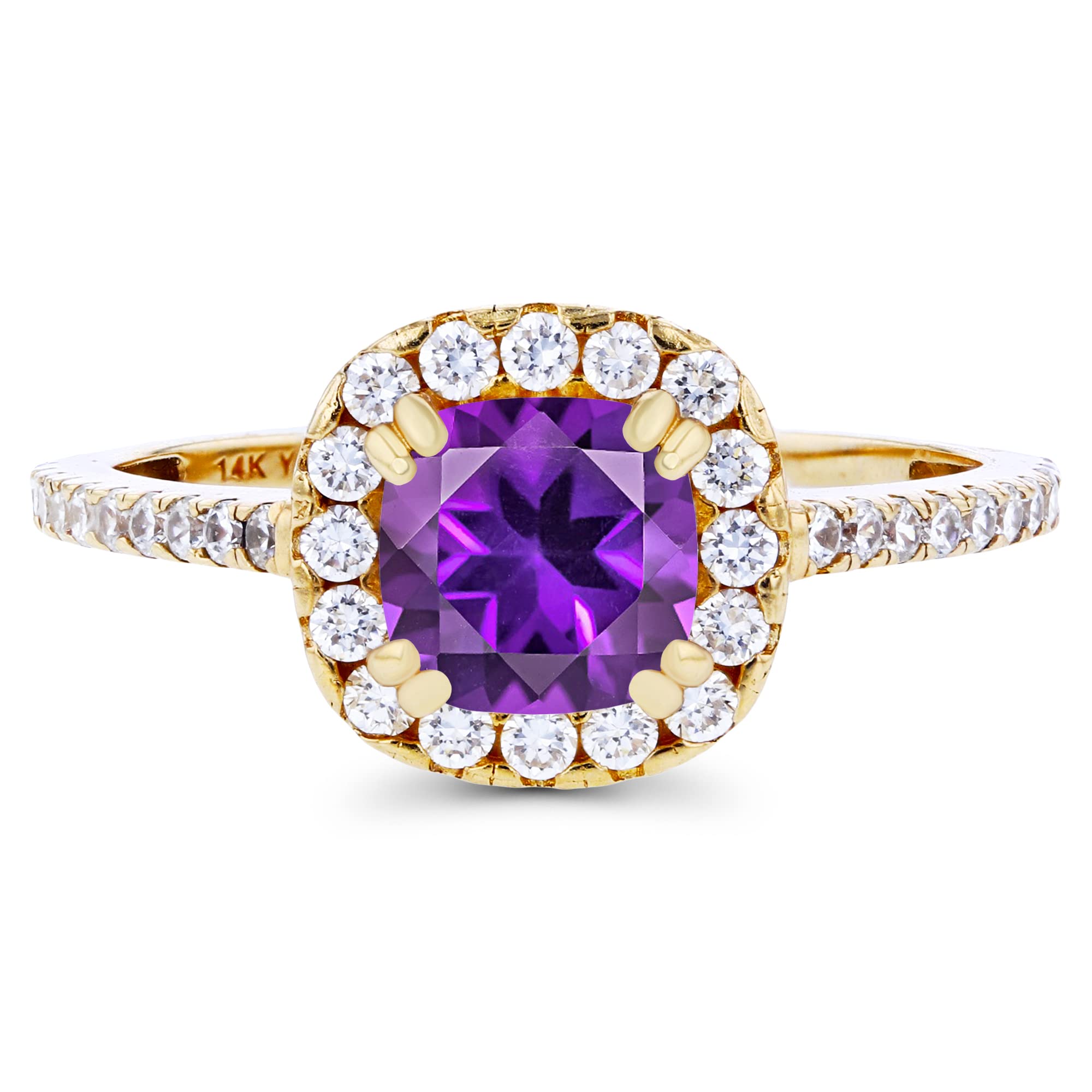 14K Yellow Gold 6mm Cushion Cut Natural Birthstone & White Sapphire Halo Engagement Ring for Women - Size 7 | Perfect for Proposals, Anniversaries & Special Occasions