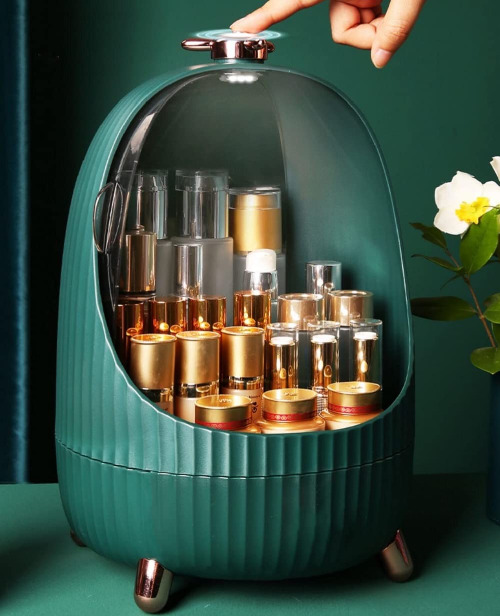 Waterproof & Dustproof Makeup Organizer with LED Light - Cosmetic Storage Box with Lid for Vanity, Dresser, Countertop | Perfect for Skincare, Makeup Brushes & Beauty Products (Green)