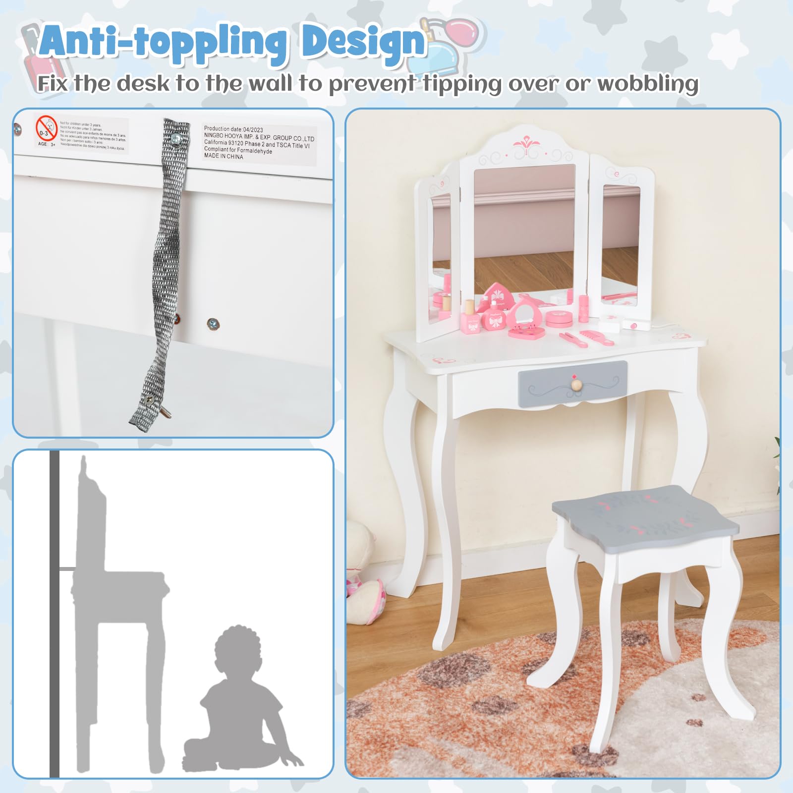 INFANS Kids Vanity Set - 2 in 1 Princess Makeup Table & Chair with Tri-Folding Mirror, 10 Accessories, Wooden Dressing Table for Toddler Girls | Pretend Play, Birthday Gift, Room Decor (White) - Perfect for Dress-Up Games, Role Play & Imaginative Play in Bedroom or Playroom
