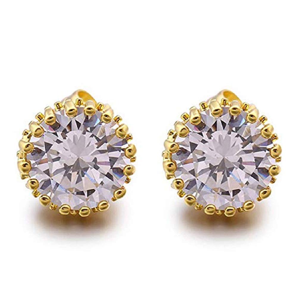 9mm Round Cut CZ Cubic Zirconia Stud Earrings - 14K Gold Plated Wedding Bridal Jewelry for Women - Elegant Crown Design Earrings for Parties, Prom & Everyday Wear