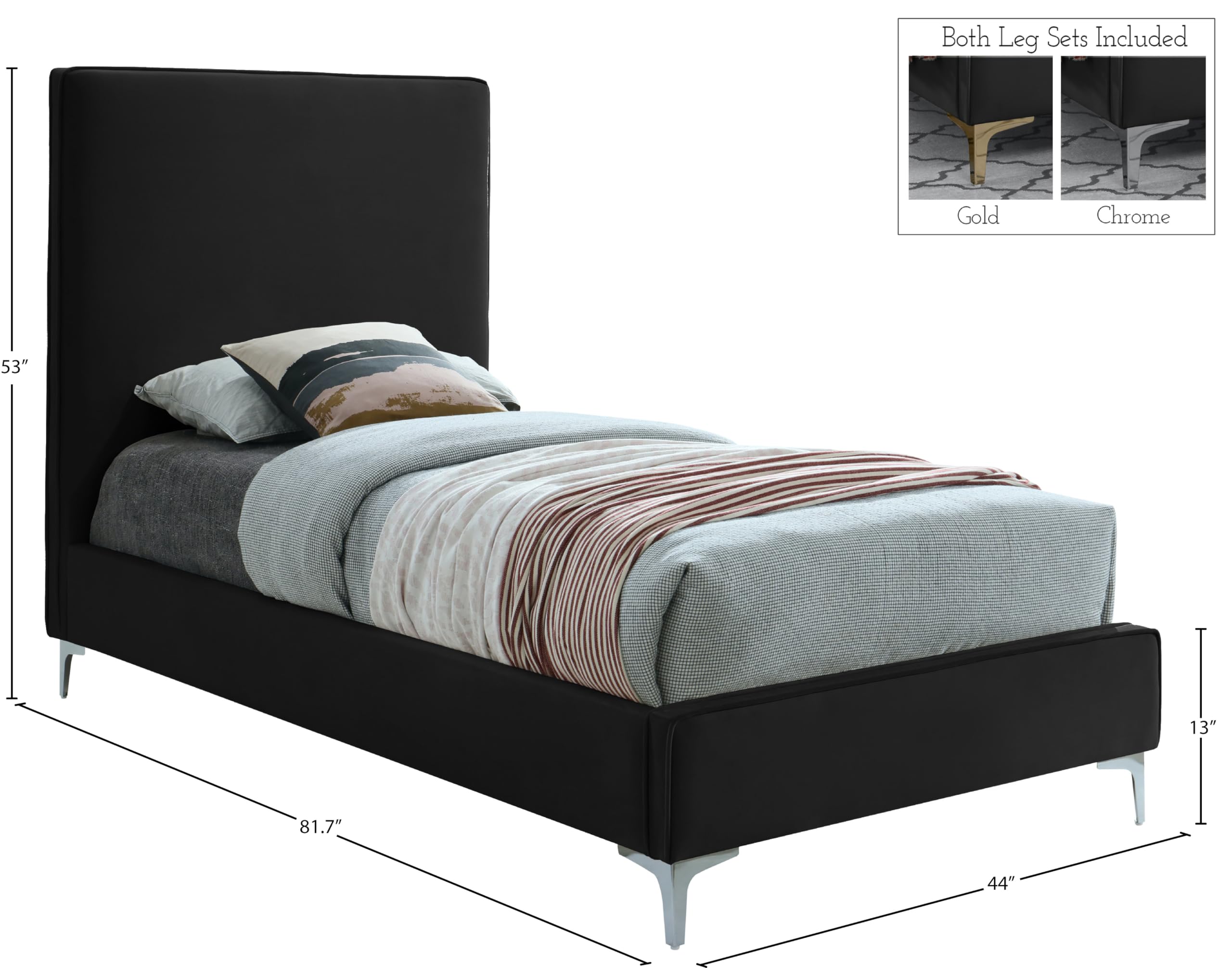 Modern Velvet Upholstered Bed with Gold/Chrome Headboard - Twin Size Black Bed Frame for Contemporary Bedrooms | Meridian Furniture Geri Collection
