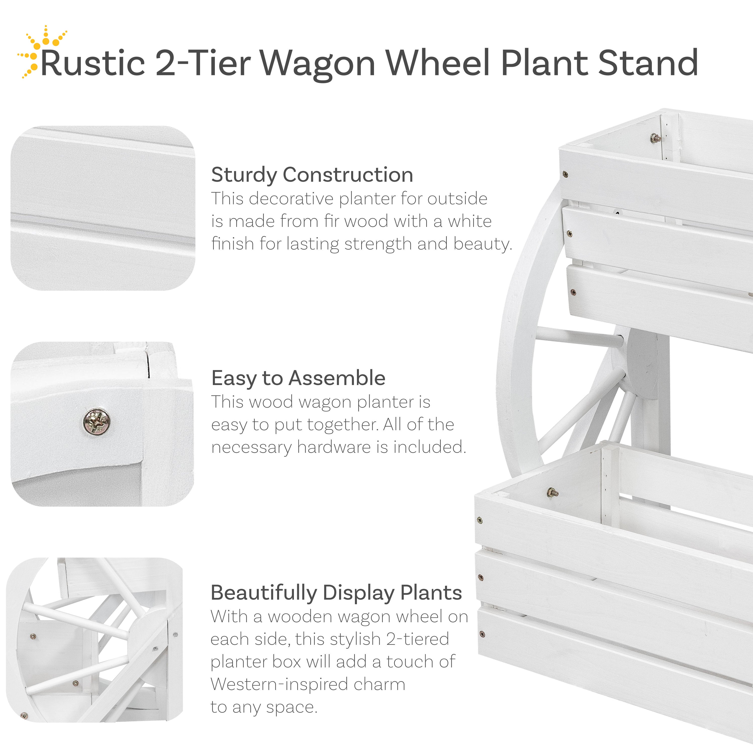 Rustic Wood Wagon Wheel 2-Tier Plant Stand for Indoor & Outdoor Decor - Perfect for Patio, Garden, or Farmhouse Style Home