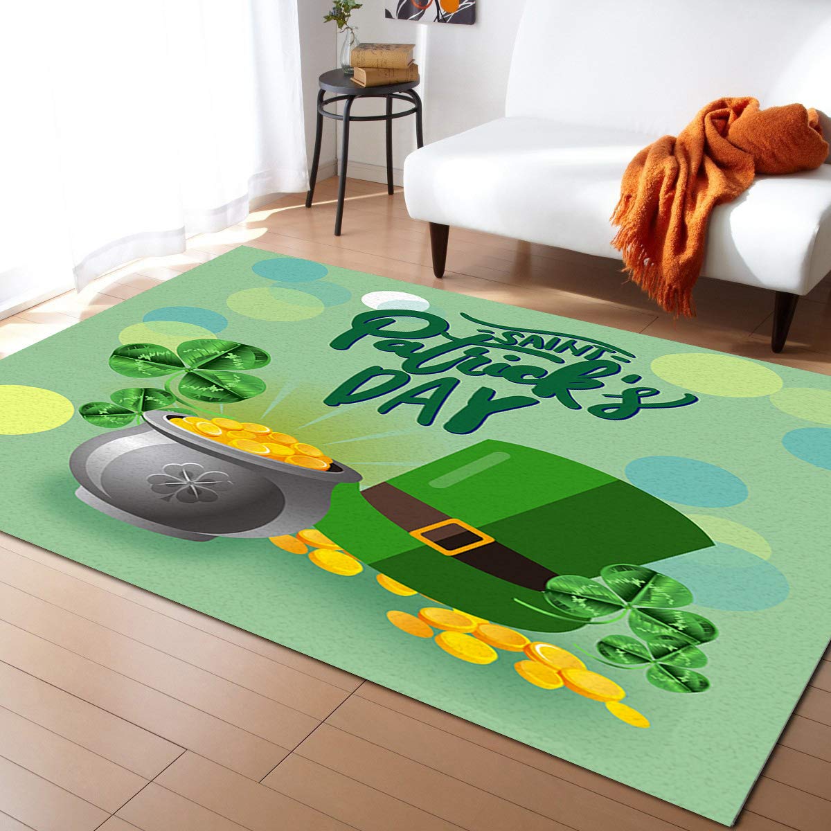 Lucky Clover Golden Pot Decor 5'x8' Non-Slip Washable Area Rug - St. Patrick's Day Kitchen Mat, Absorbent Hallway Runner for Living Room, Bathroom & Bedroom | Perfect for Holiday Decor, Home Office & Nursery Floor Protection