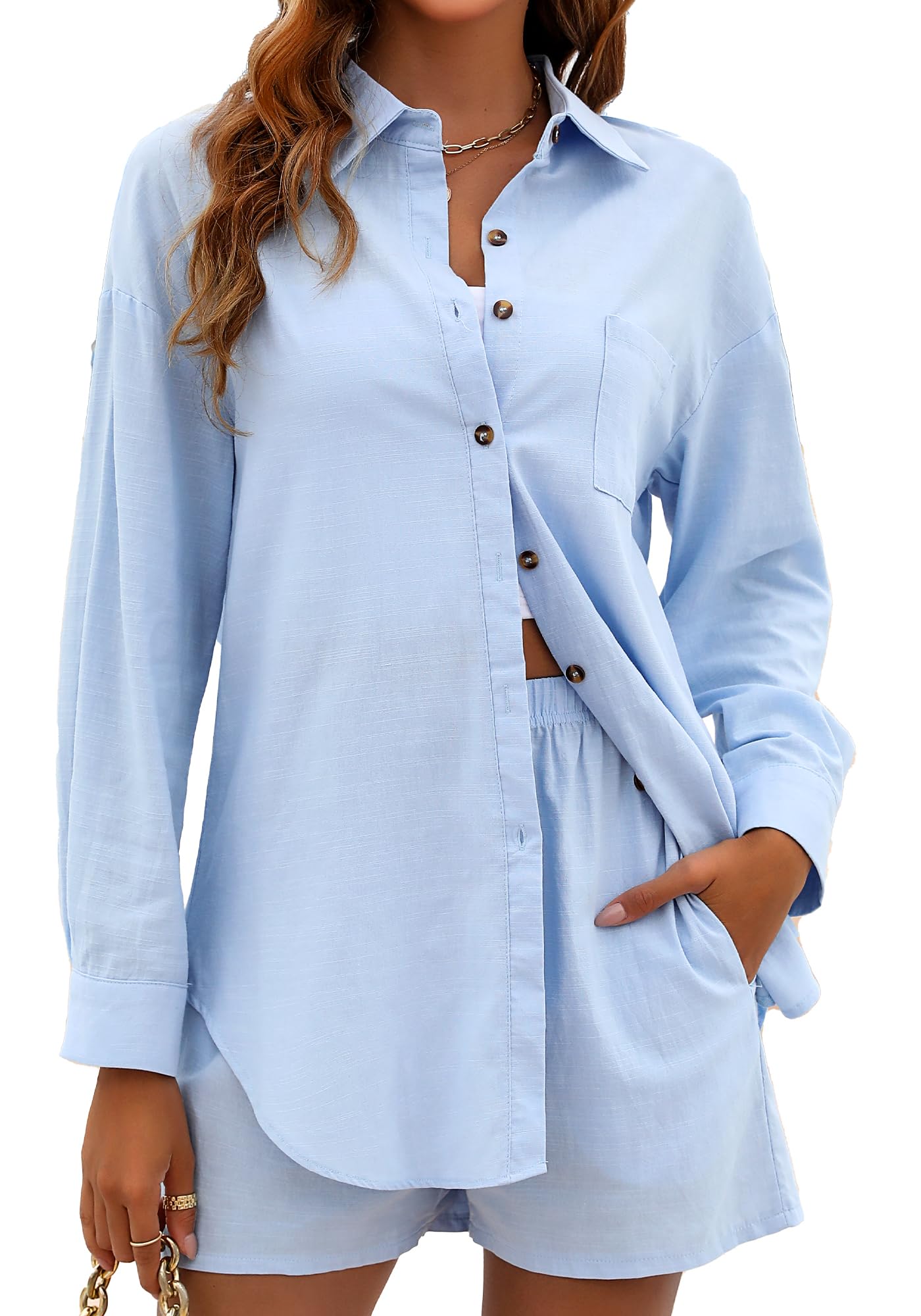 Namifin Women's 2-Piece Linen Outfit - Casual Button Down Shirt & High Waisted Shorts Lounge Set | Summer Beachwear, Vacation Outfits, Relaxing at Home