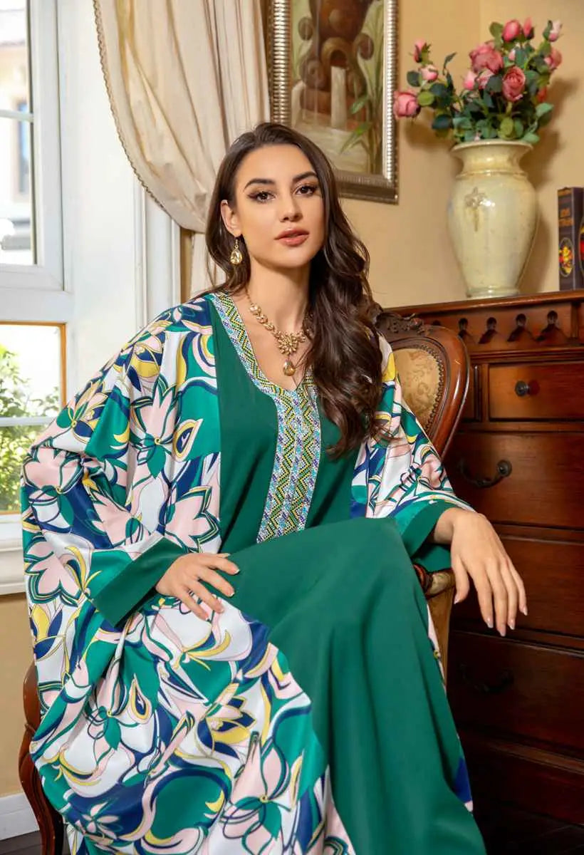 Elegant Eid Dress with Batwing Sleeves & Rhinestone Embellishments - Farasha Caftan Kaftan Jalabiya Dress for Women | Perfect for Eid Celebrations, Weddings & Special Occasions